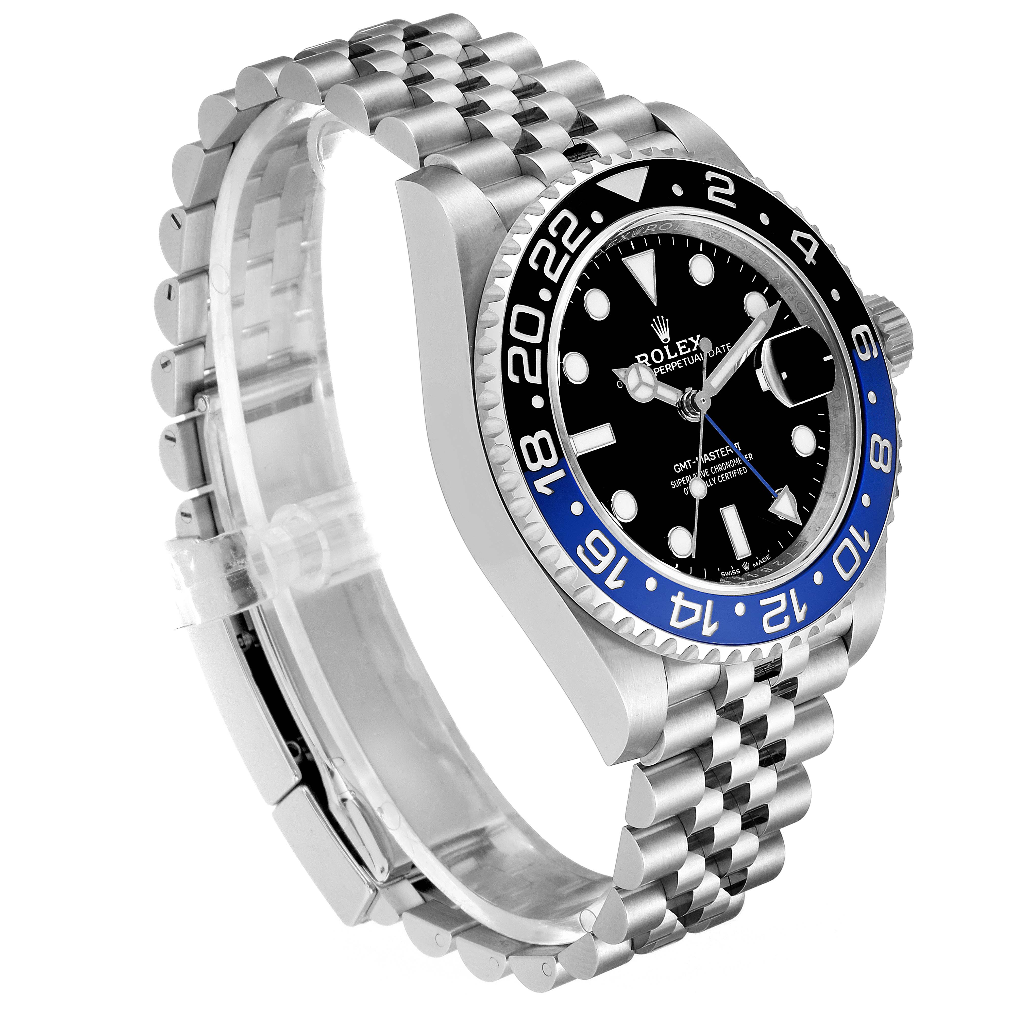 The Rolex GMT-Master 126710 Men
s Stainless Steel Black Dial 126710 Men
s Stainless Steel Black Dial watch is shown at an angled side view, displaying a black and blue bezel, black dial, and jubilee bracelet.