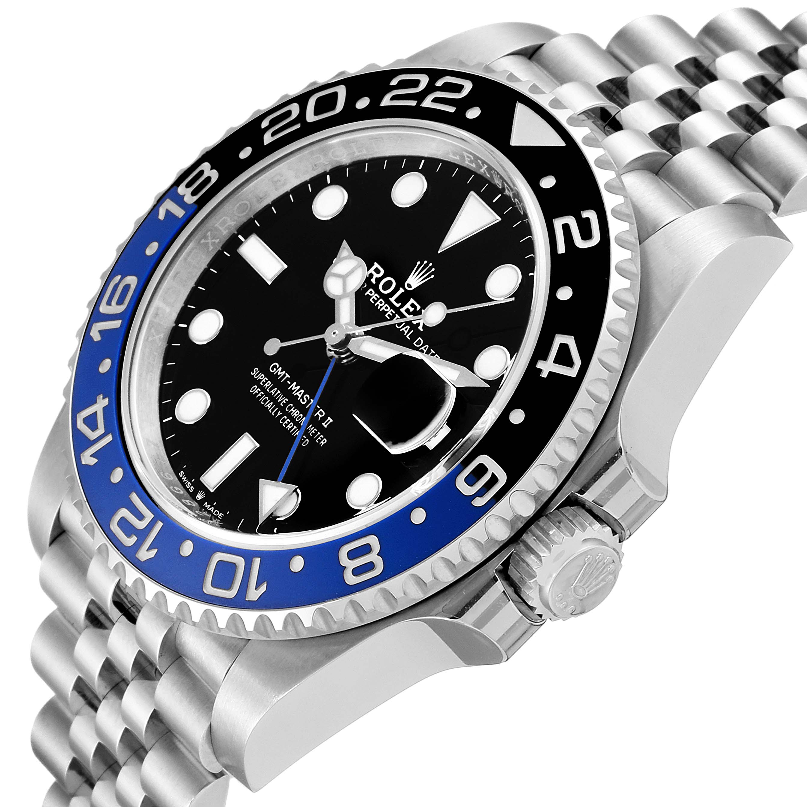 The image shows a close-up angle of a Rolex GMT-Master 126710 Men
s Stainless Steel Black Dial 126710 Men
s Stainless Steel Black Dial watch, highlighting its bezel, dial, and part of the bracelet.