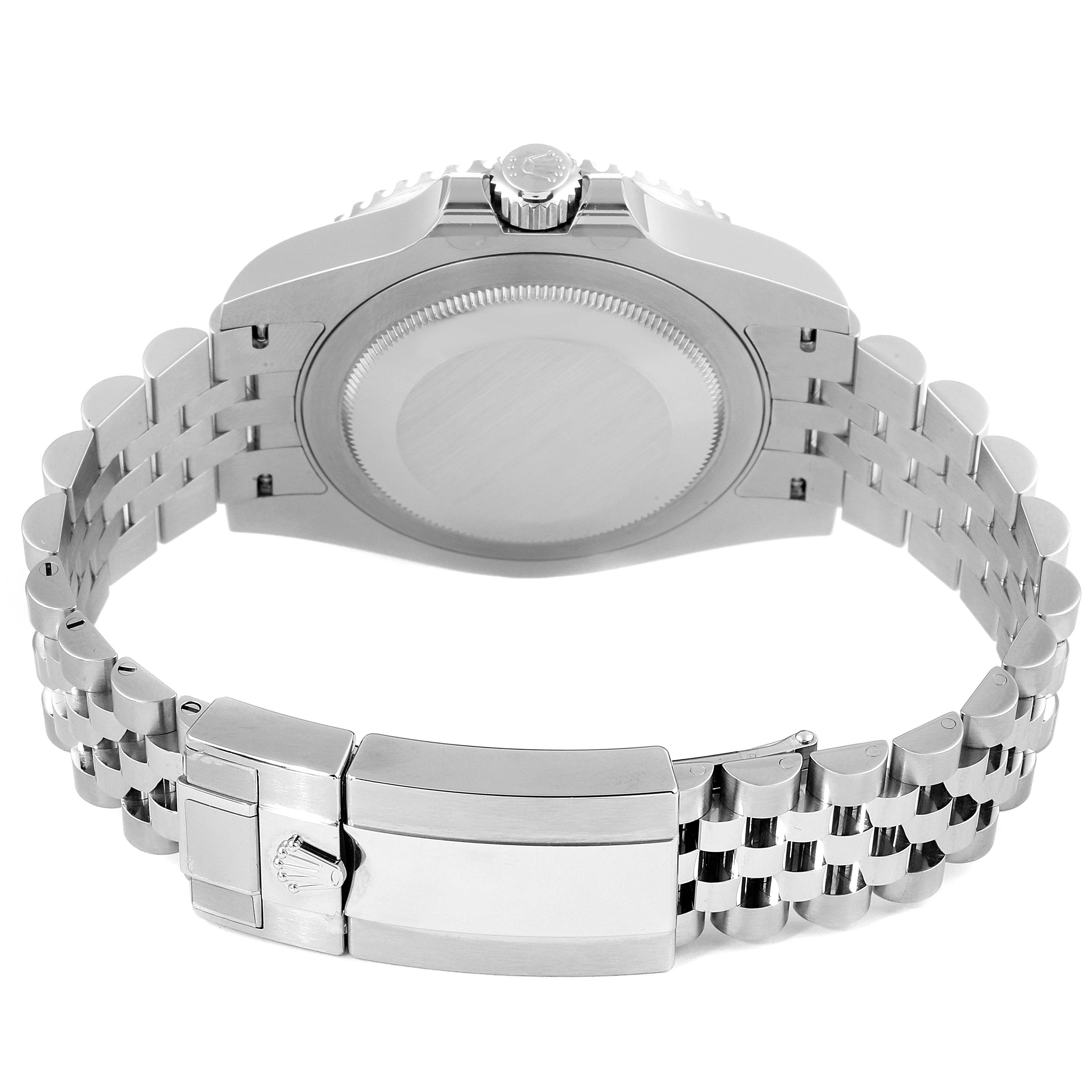 The image shows the back and clasp of the Rolex GMT-Master 126710 Men
s Stainless Steel Black Dial 126710 Men
s Stainless Steel Black Dial watch, highlighting its bracelet and case back.