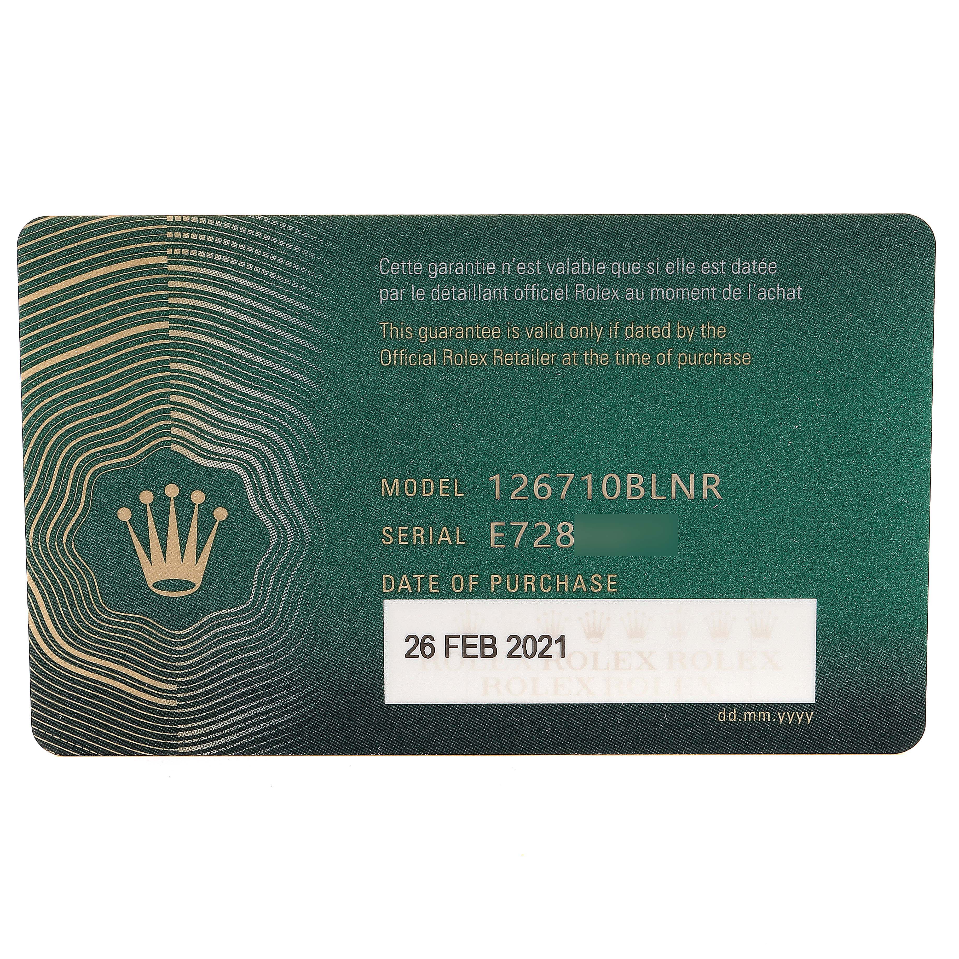 This is an image of a Rolex GMT-Master 126710 Men
s Stainless Steel Black Dial 126710 Men
s Stainless Steel Black Dial model 126710BLNR warranty card dated 26 FEB 2021.