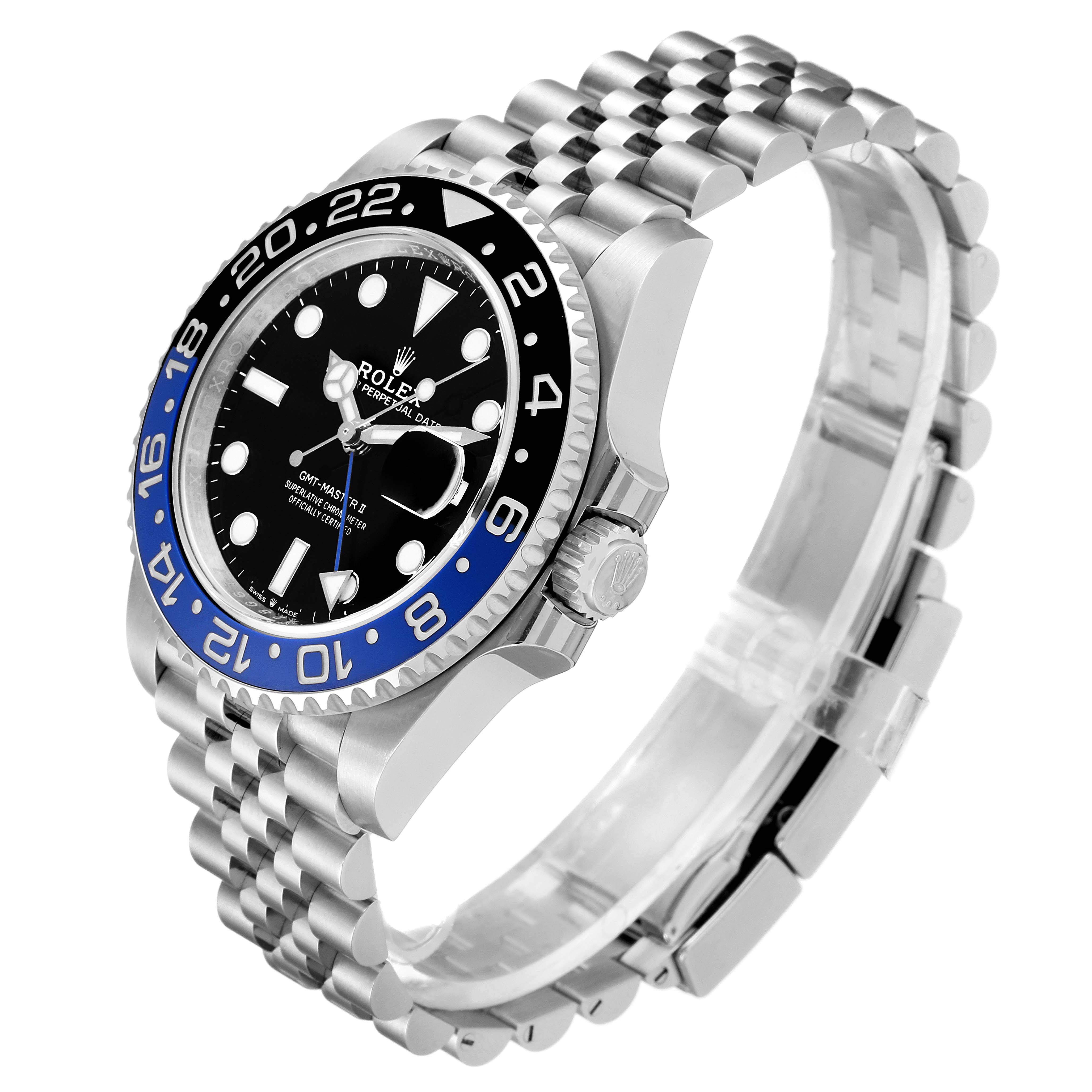 The Rolex GMT-Master 126710 Men
s Stainless Steel Black Dial 126710 Men
s Stainless Steel Black Dial watch is shown at an angled view, highlighting its black and blue bezel, dial, crown, and jubilee bracelet.