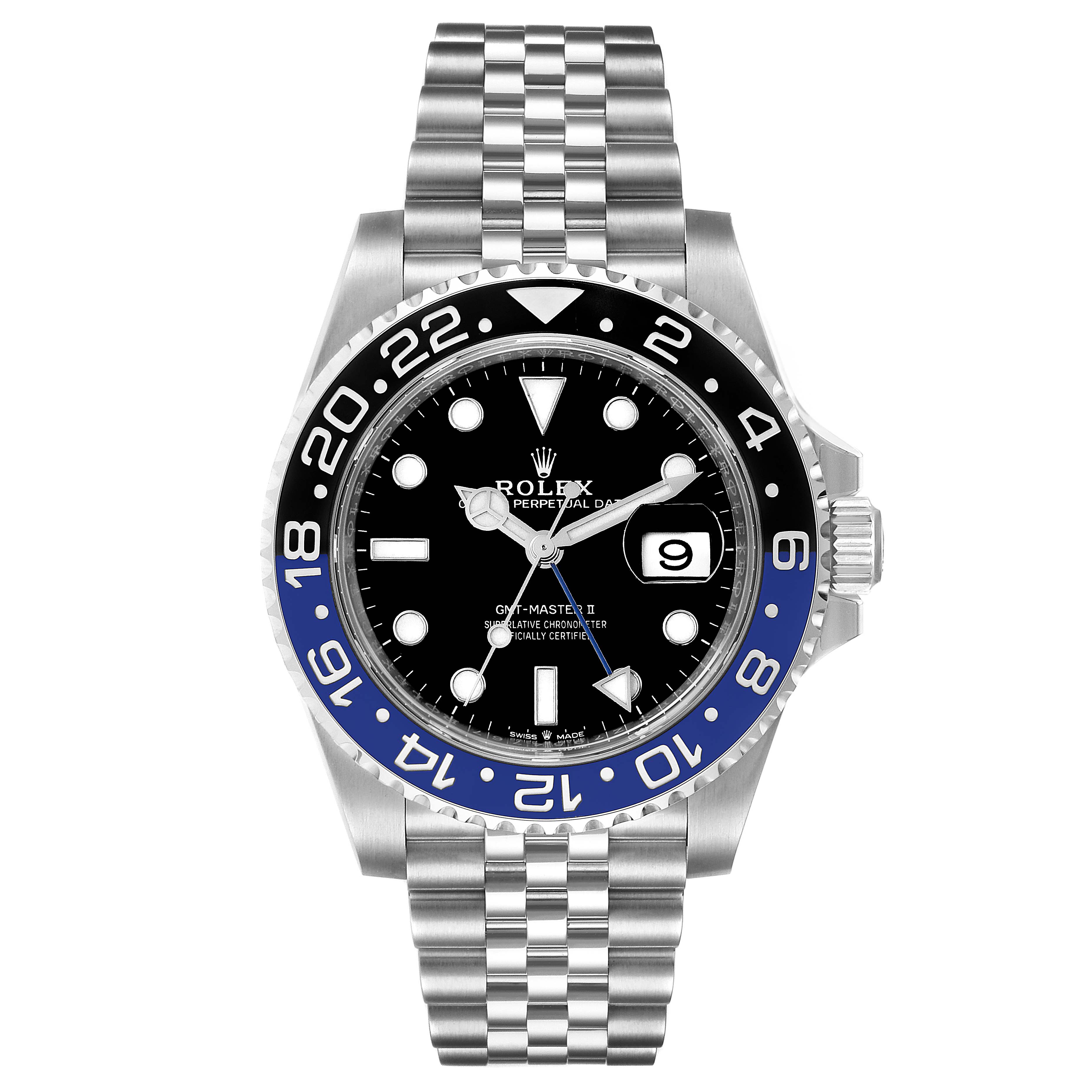 The image shows a front view of a Rolex GMT-Master 126710 Men
s Stainless Steel Black Dial 126710 Men
s Stainless Steel Black Dial II watch, displaying the bezel, dial, crown, and bracelet clearly.