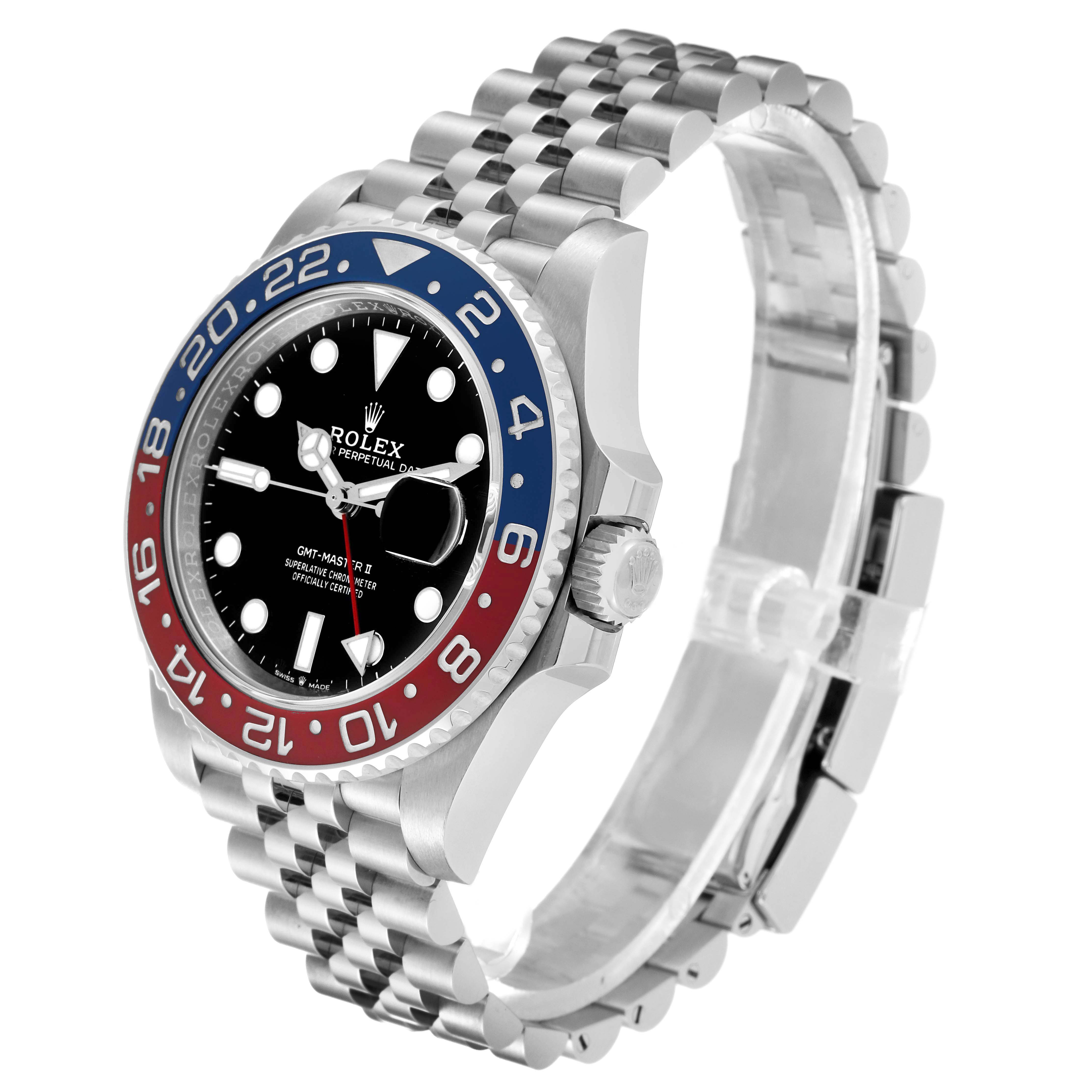 This image shows a side view angle of the Rolex GMT-Master 126710BLRO Men
s Stainless Steel Black Dial 126710BLRO Men
s Stainless Steel Black Dial
s bezel, dial, case, and Jubilee bracelet.