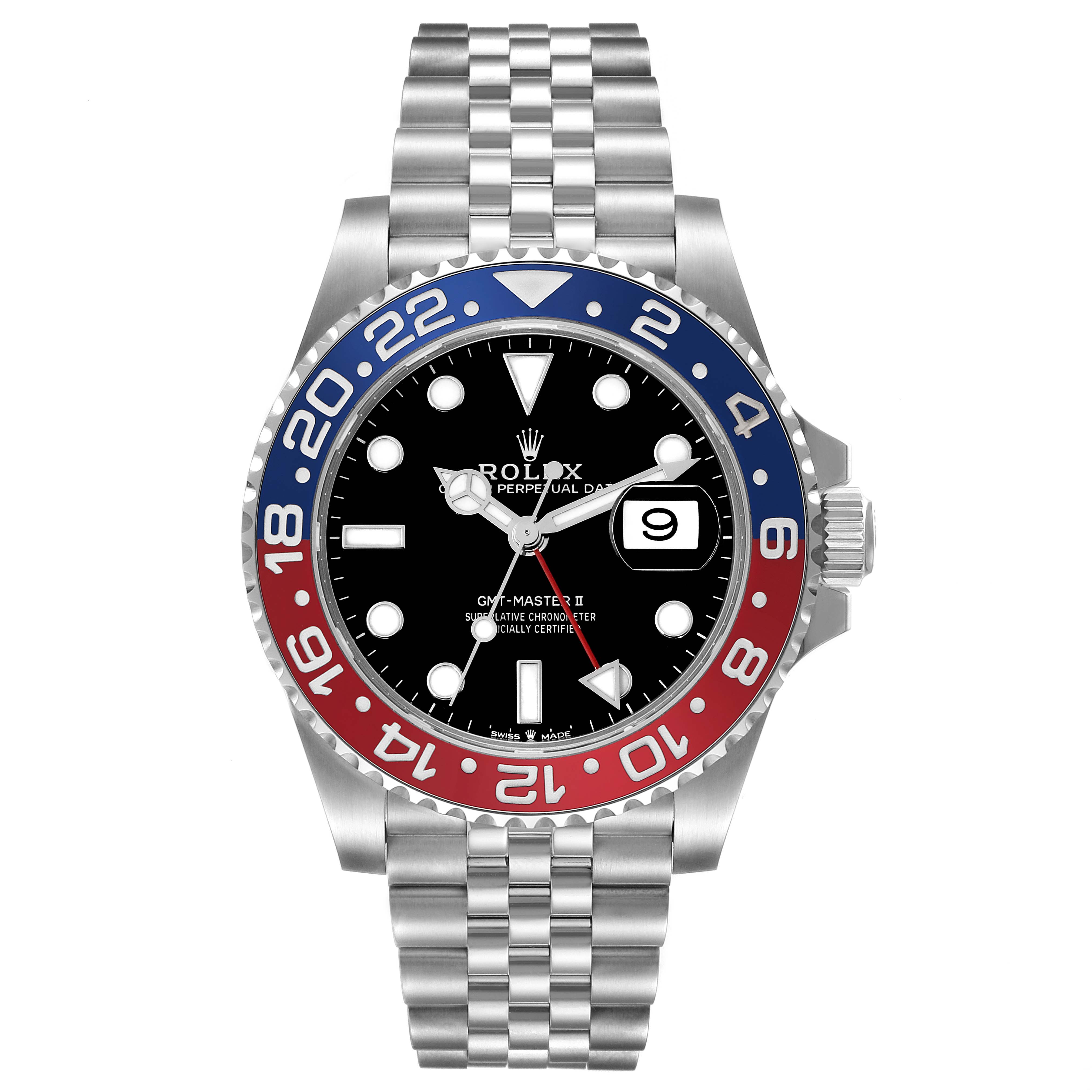 This image shows a front view of a Rolex GMT-Master 126710BLRO Men
s Stainless Steel Black Dial 126710BLRO Men
s Stainless Steel Black Dial watch, highlighting its bezel, dial, and bracelet.