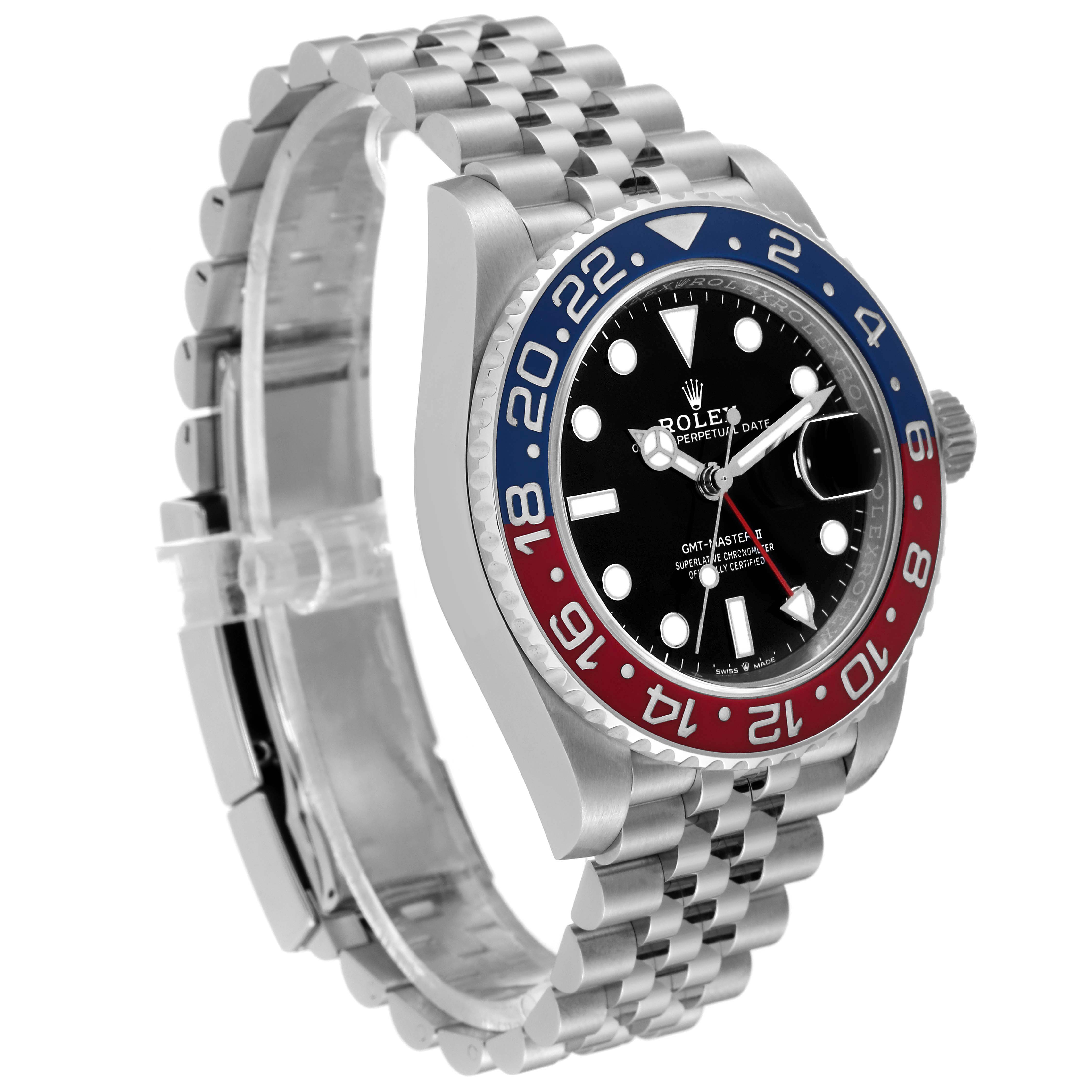 The Rolex GMT-Master 126710BLRO Men
s Stainless Steel Black Dial 126710BLRO Men
s Stainless Steel Black Dial watch is shown at a slightly angled side view, displaying its bezel, face, crown, and bracelet.
