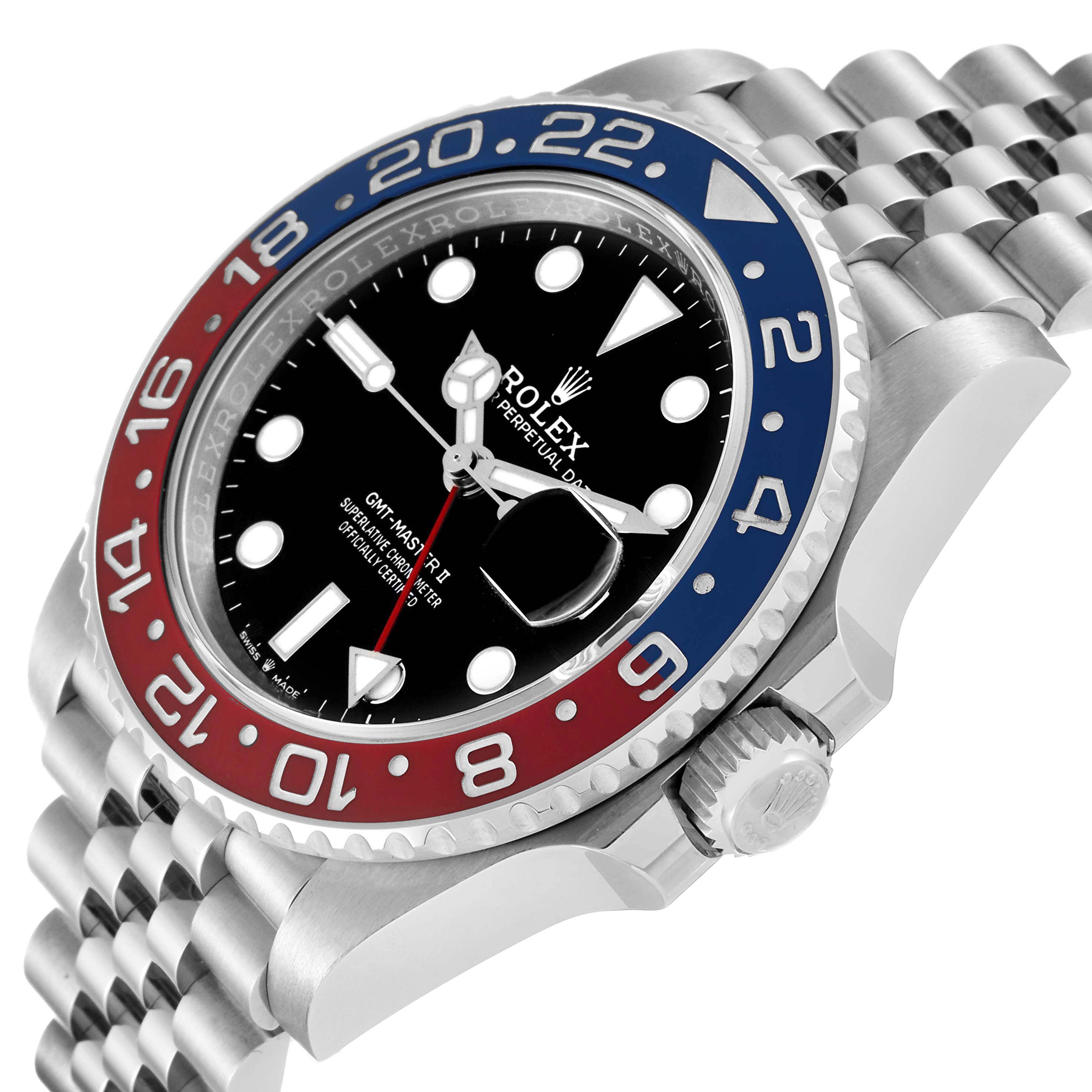 The image shows a Rolex GMT-Master 126710BLRO Men
s Stainless Steel Black Dial 126710BLRO Men
s Stainless Steel Black Dial II watch from an angled view, highlighting the face, bezel, and part of the bracelet.