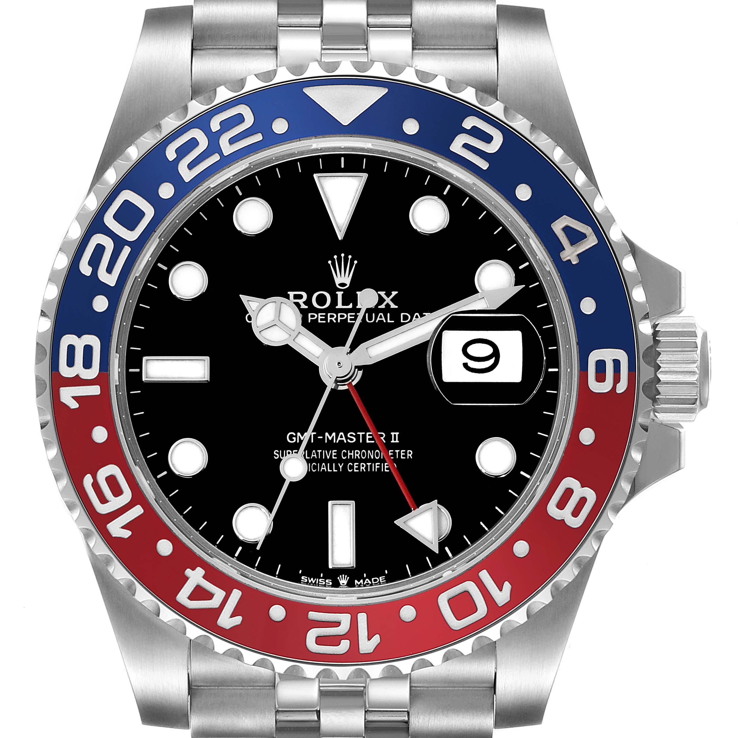 The image shows a front view of the Rolex GMT-Master 126710BLRO Men
s Stainless Steel Black Dial 126710BLRO Men
s Stainless Steel Black Dial II watch, highlighting its bezel, dial, hands, and date display.