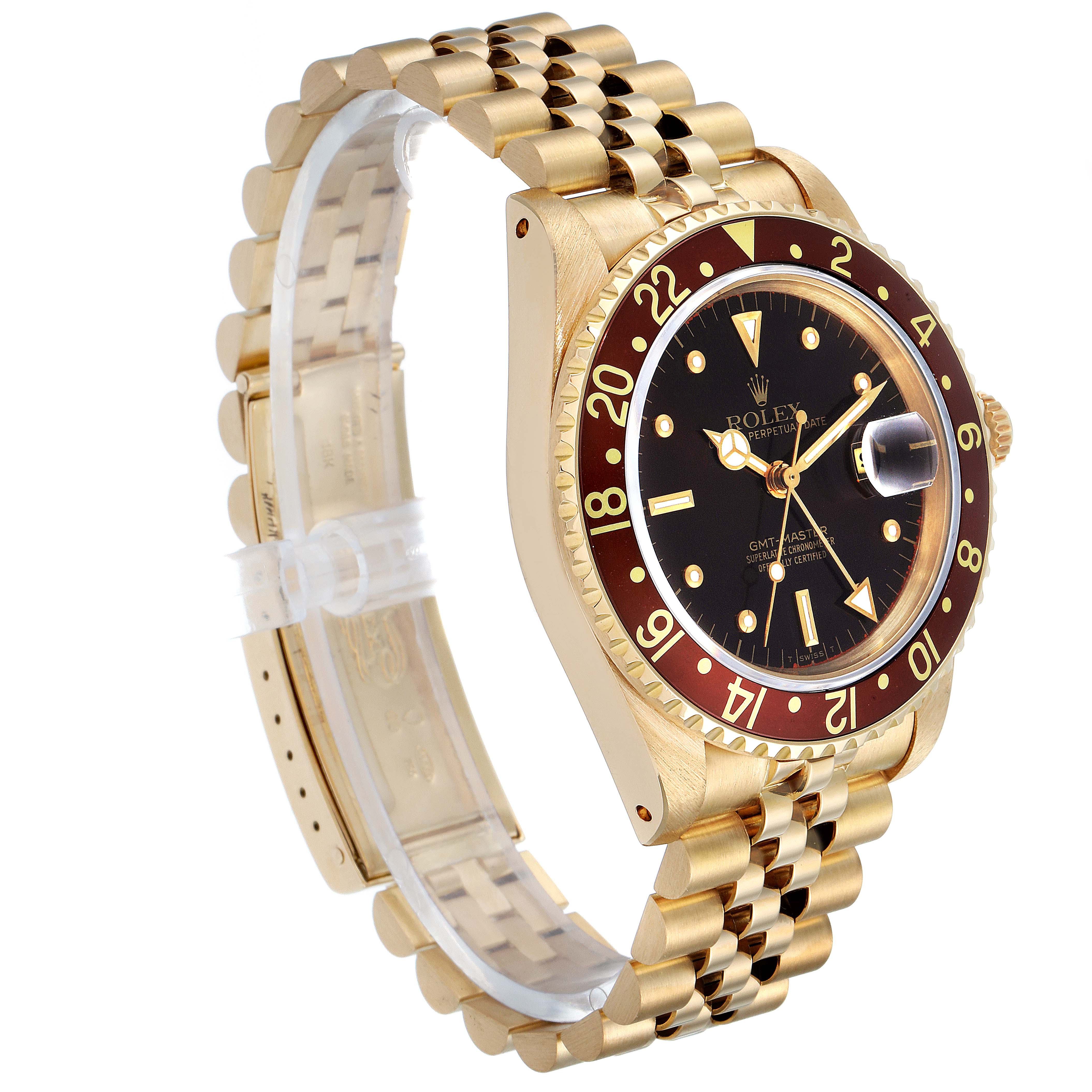 The Rolex Vintage Collection 16758 Men's Yellow Gold Brown Dial 16758 Men's Yellow Gold Brown Dial watch is shown at a slight angle, highlighting its gold case, bezel, bracelet, and face.