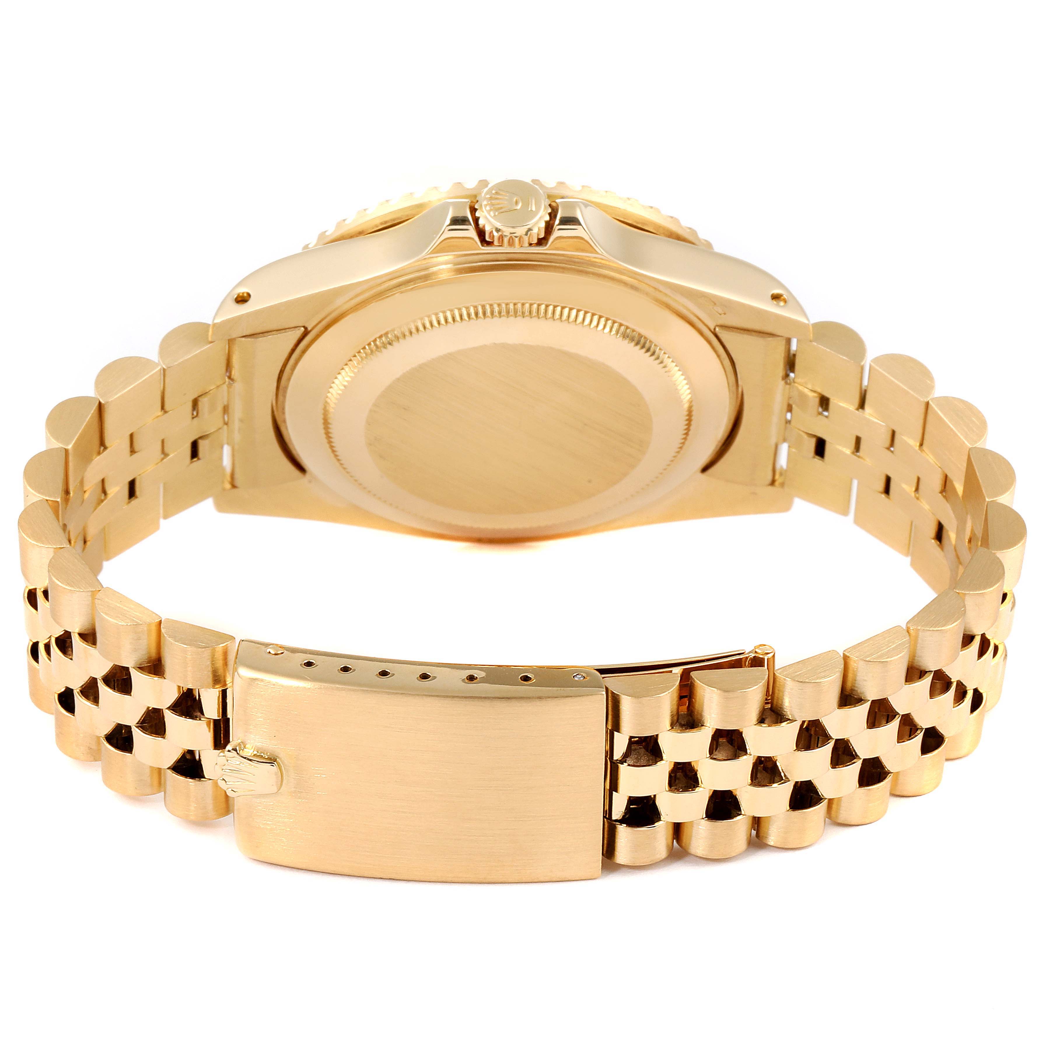 This image shows the back case and bracelet clasp of a Rolex Vintage Collection 16758 Men's Yellow Gold Brown Dial 16758 Men's Yellow Gold Brown Dial watch from a rear angle.