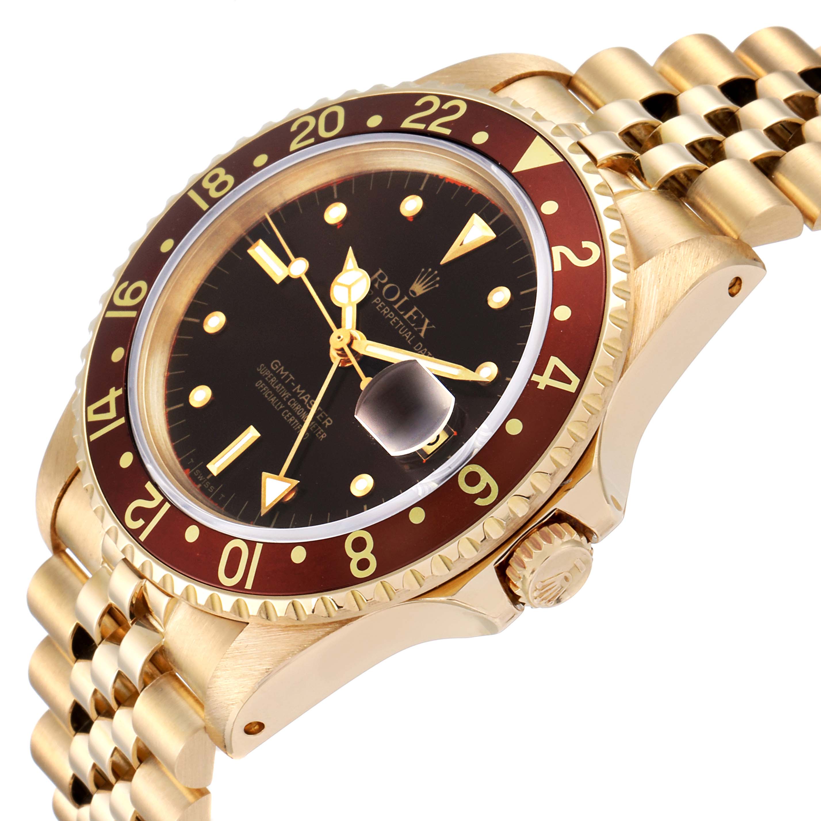 The image shows a close-up angle of the face, bezel, crown, and bracelet of a Rolex GMT-Master Vintage Collection watch.