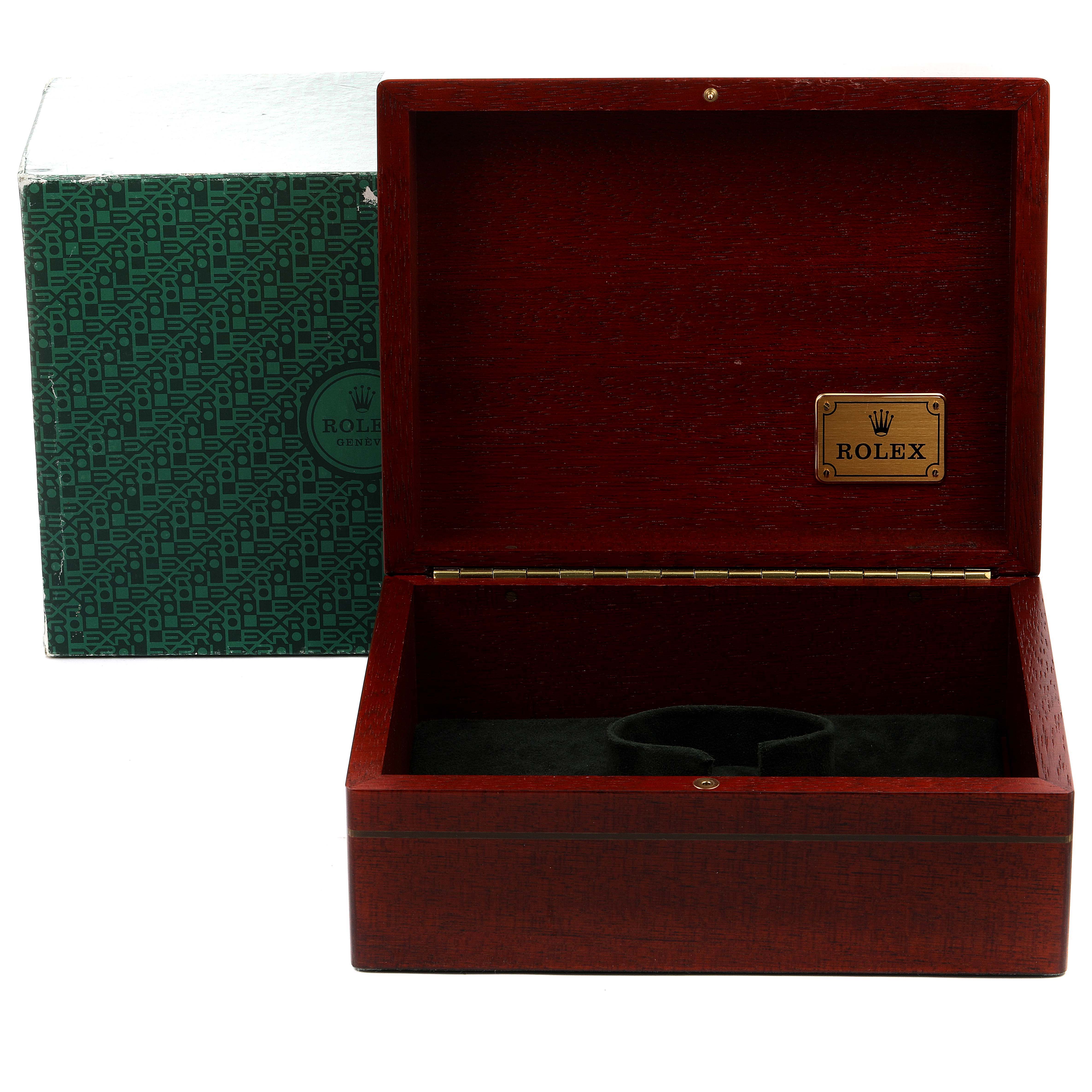 The image shows an open wooden box designed for Rolex Vintage Collection 16758 Men's Yellow Gold Brown Dial 16758 Men's Yellow Gold Brown Dial watches, with the outer green packaging box visible behind it.