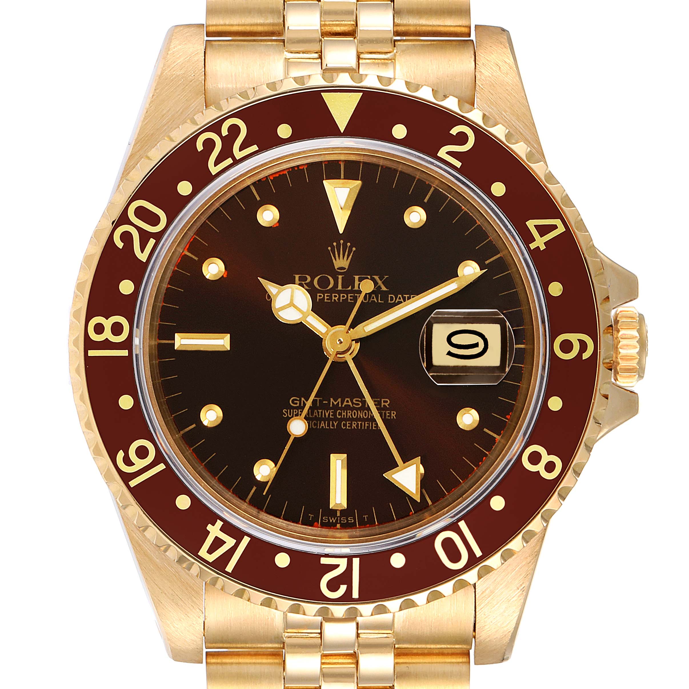 This image shows a front view of the Rolex Vintage Collection 16758 Men's Yellow Gold Brown Dial 16758 Men's Yellow Gold Brown Dial watch model, showcasing the dial, bezel, and part of the bracelet.