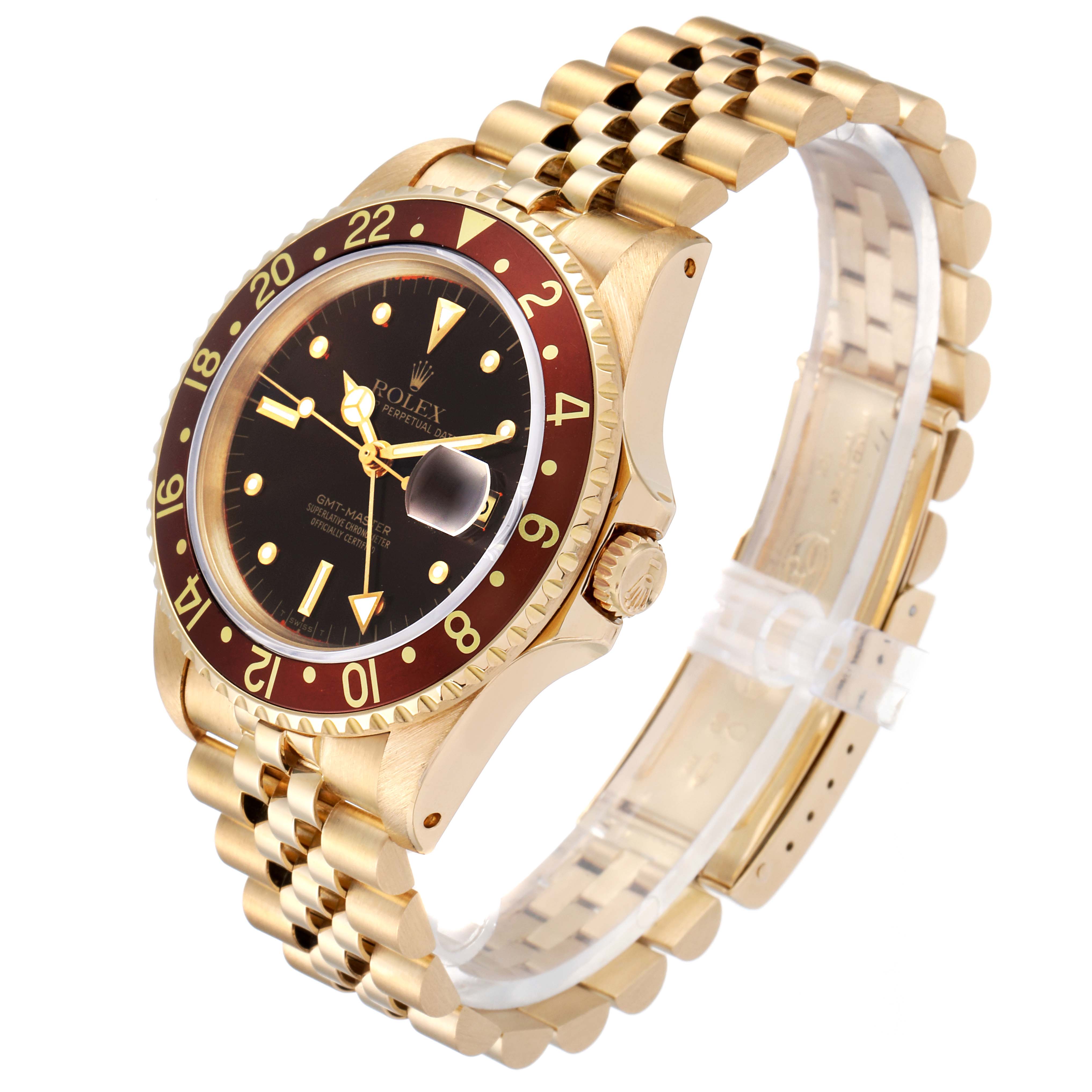 This image shows a Rolex Vintage Collection 16758 Men's Yellow Gold Brown Dial 16758 Men's Yellow Gold Brown Dial GMT-Master watch from an angle highlighting the bezel, crown, and bracelet.