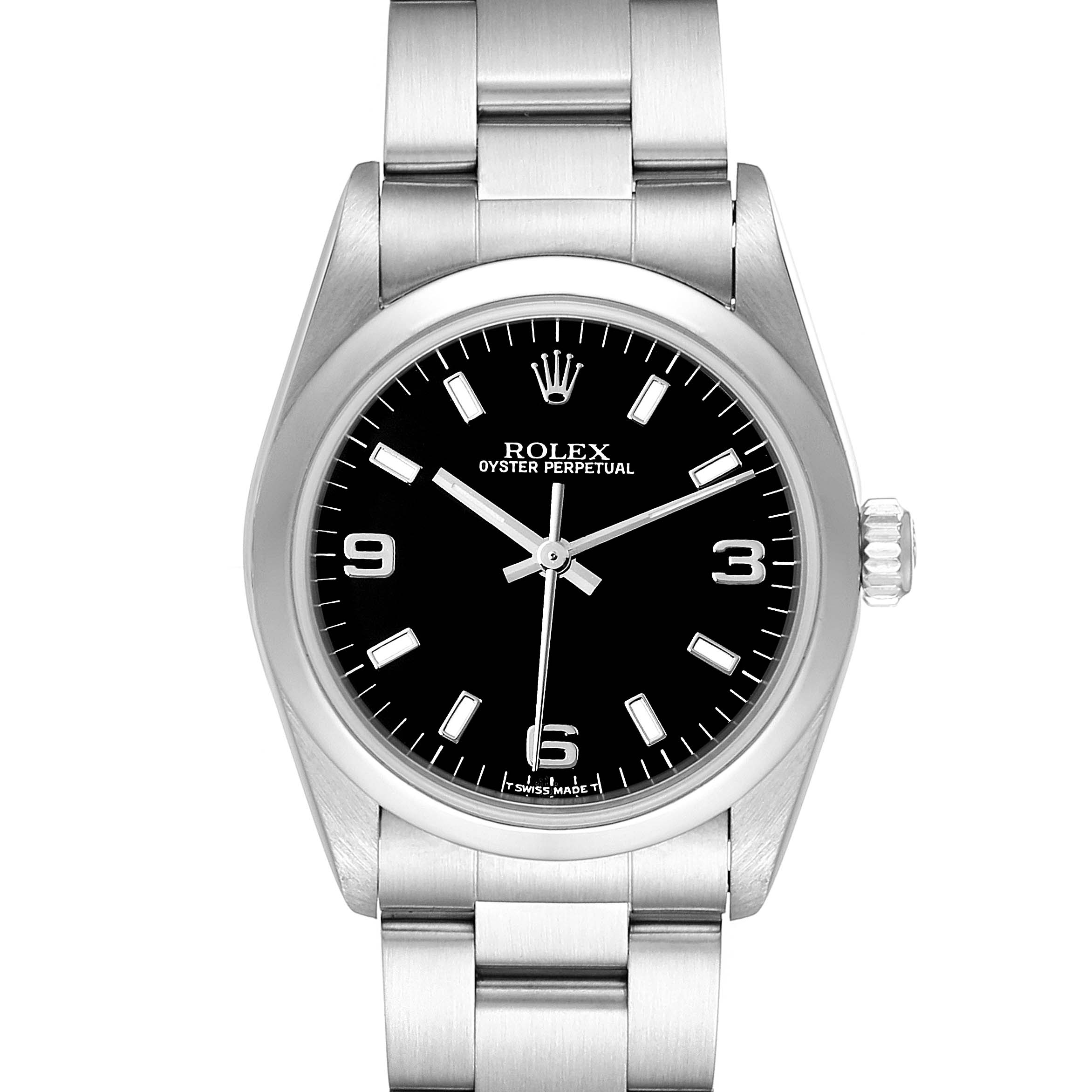 The image shows a front view of a Rolex Mid-Size 77080 Women
s Stainless Steel Black Dial 77080 Women
s Stainless Steel Black Dial Oyster Perpetual watch, displaying its face, crown, and stainless steel bracelet.