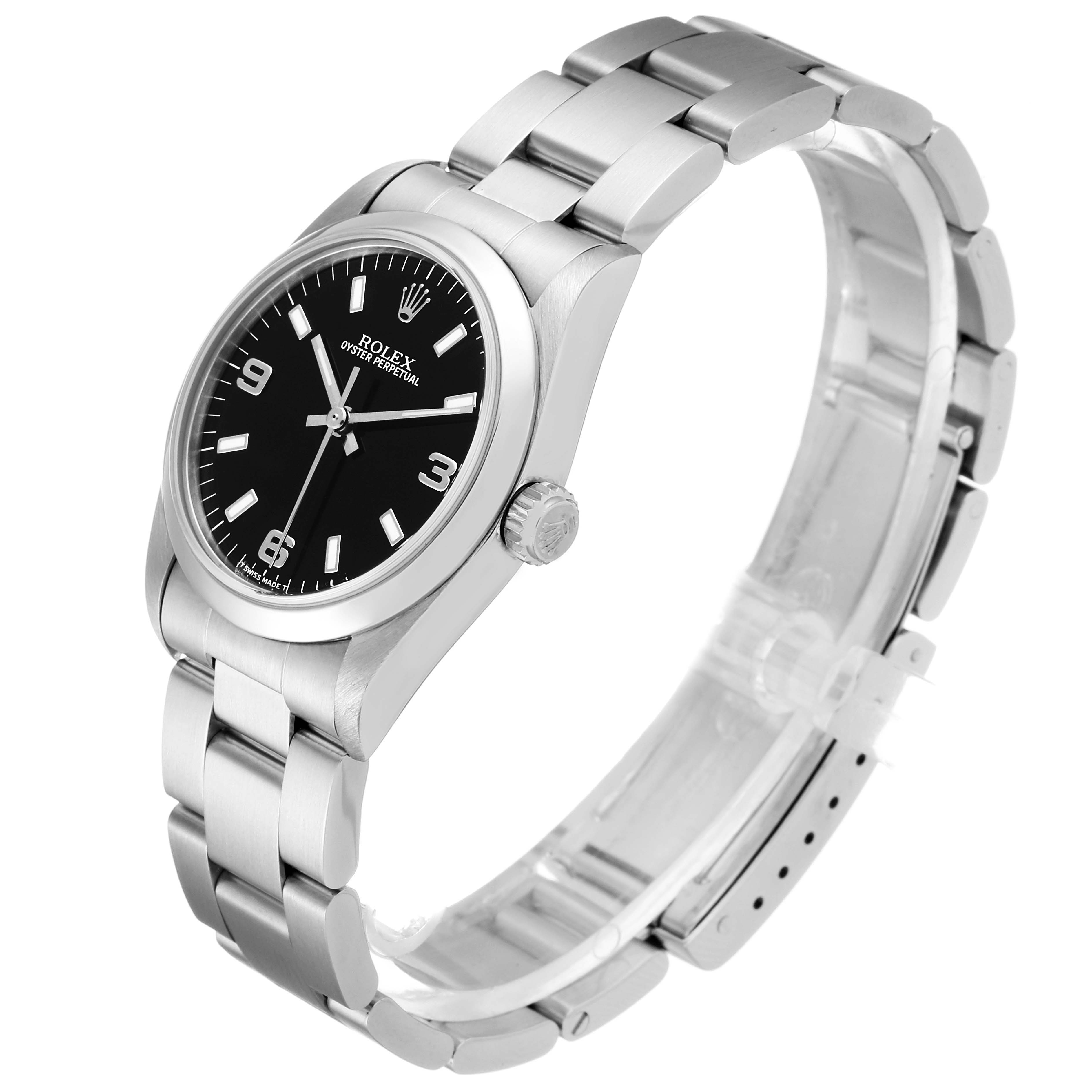 The Rolex Mid-Size 77080 Women
s Stainless Steel Black Dial 77080 Women
s Stainless Steel Black Dial model watch is shown at a side angle, displaying the watch face, crown, and metal bracelet.