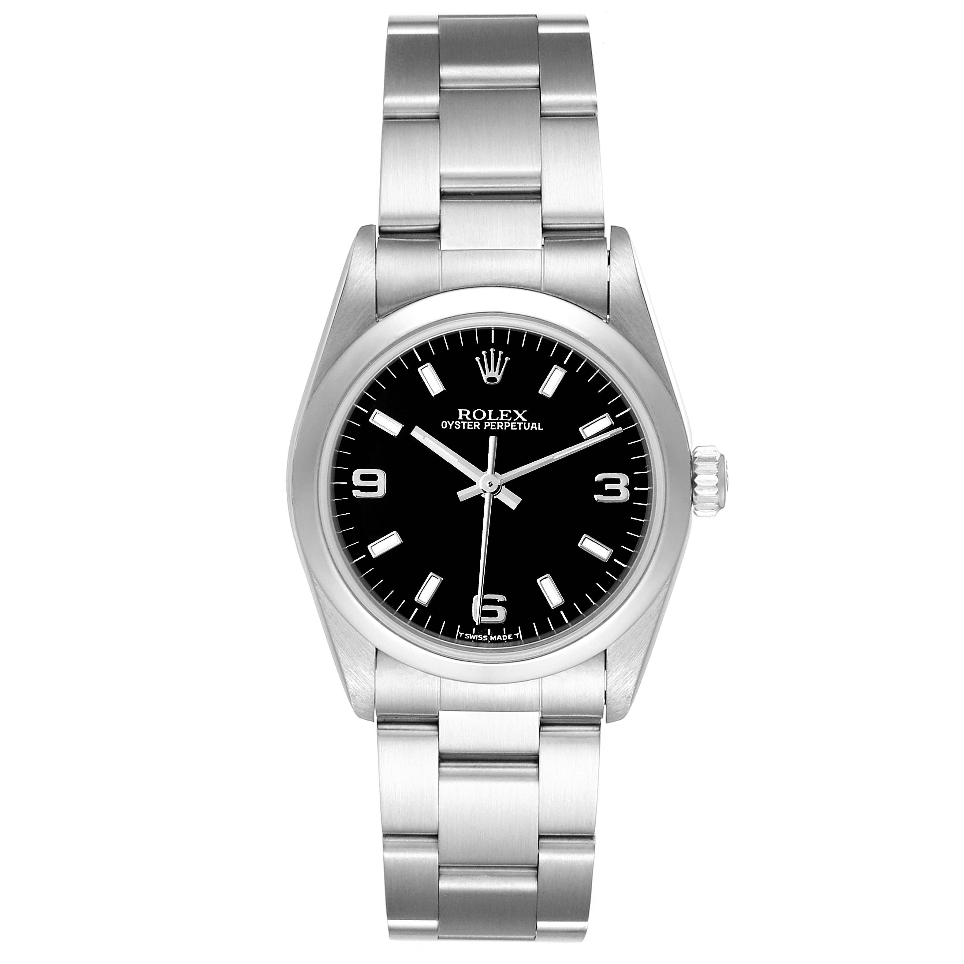 This image shows a front view of the Rolex Mid-Size 77080 Women
s Stainless Steel Black Dial 77080 Women
s Stainless Steel Black Dial Oyster Perpetual watch, highlighting the dial, bezel, and bracelet.