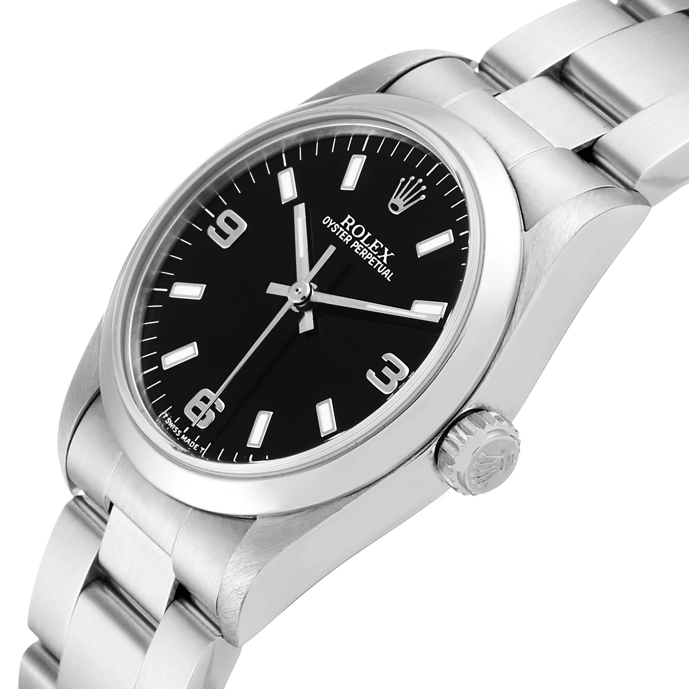 The angle shows a close-up of the Rolex Mid-Size 77080 Women
s Stainless Steel Black Dial 77080 Women
s Stainless Steel Black Dial Oyster Perpetual watch face, crown, and part of the bracelet.