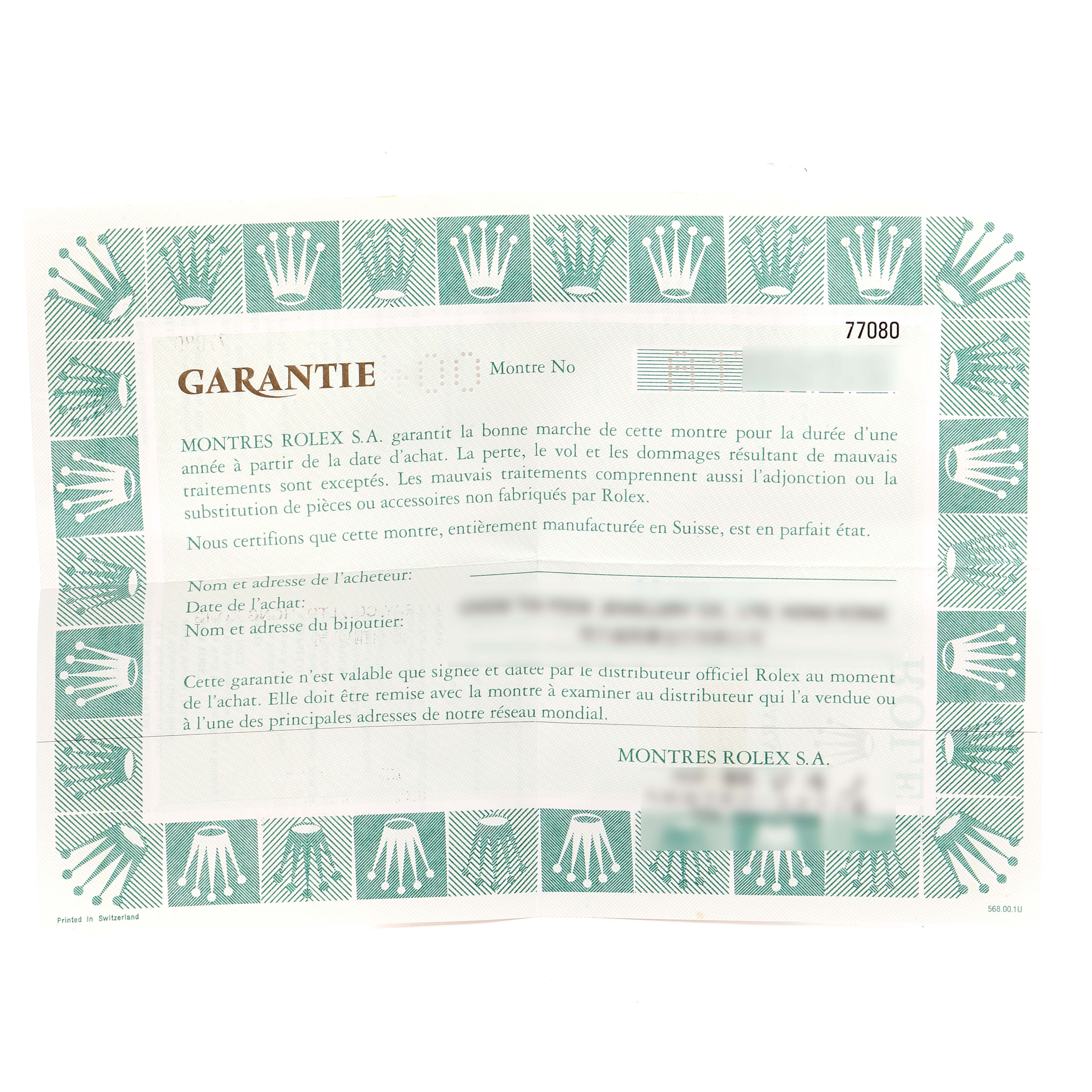 This image shows a warranty card for a Rolex Mid-Size 77080 Women
s Stainless Steel Black Dial 77080 Women
s Stainless Steel Black Dial model with a green border featuring Rolex logos.