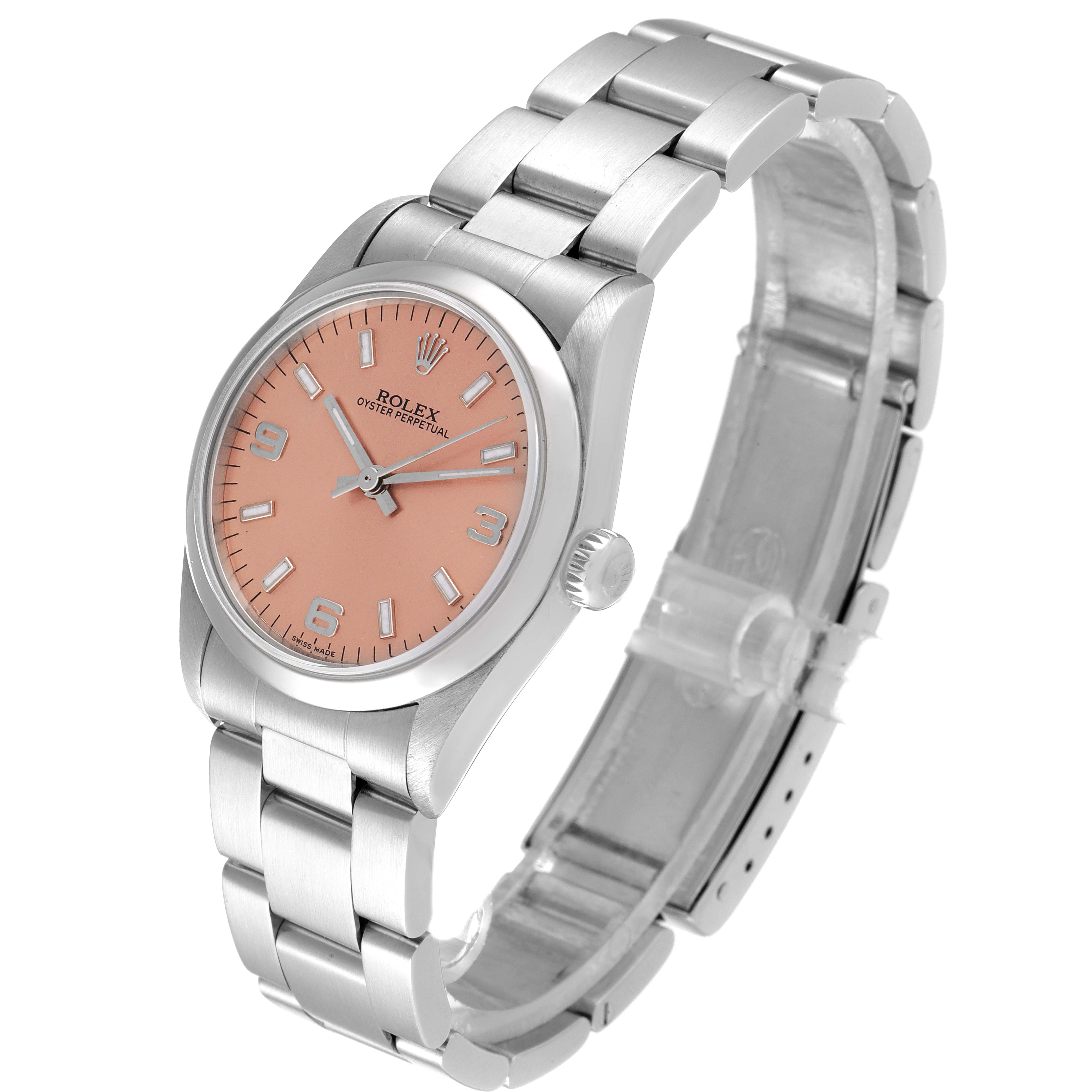 The Rolex Mid-Size 77080 Women's Stainless Steel Pink Dial 77080 Women's Stainless Steel Pink Dial watch is shown at a three-quarter angle, highlighting its dial, bezel, crown, and bracelet.