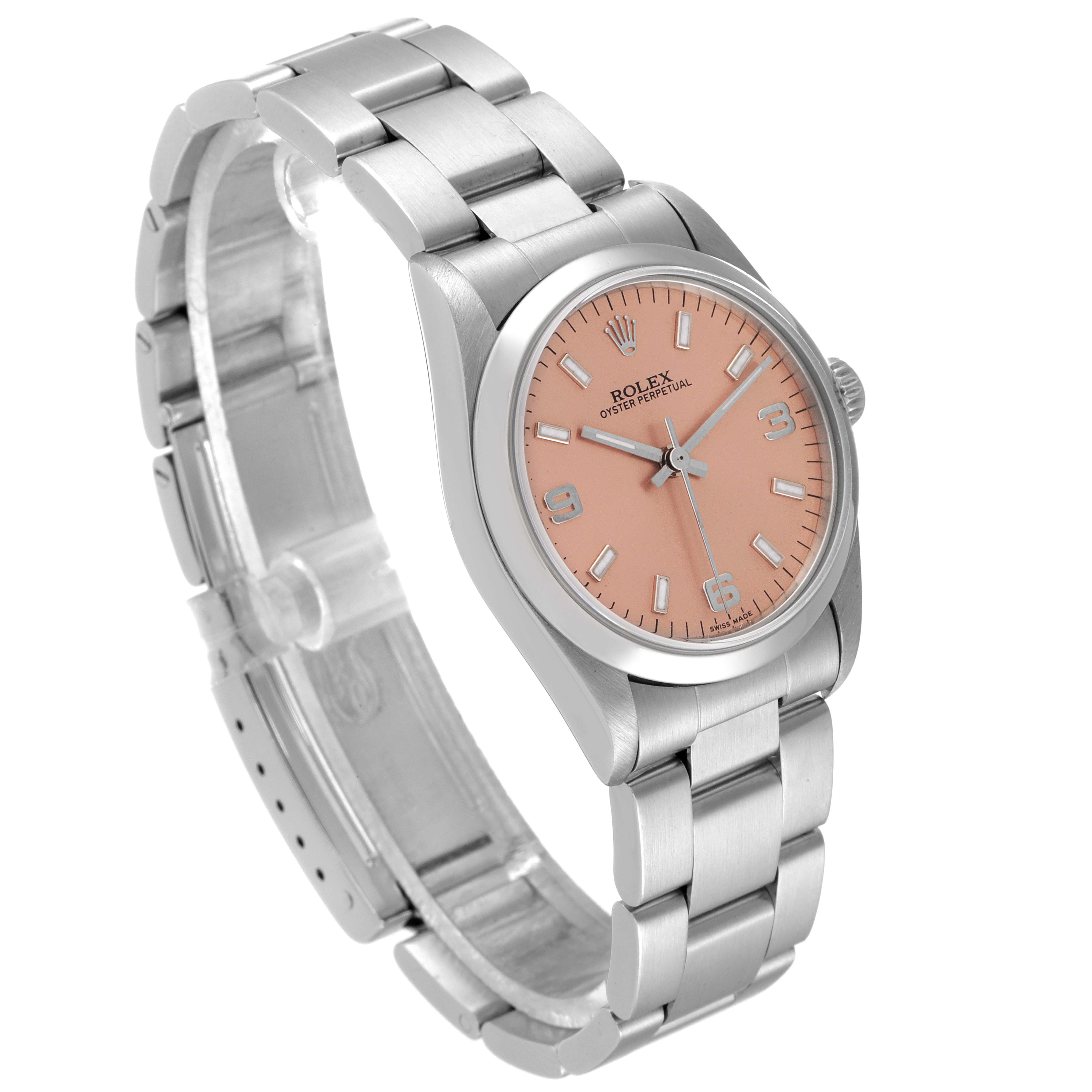 The image shows a Rolex Mid-Size 77080 Women's Stainless Steel Pink Dial 77080 Women's Stainless Steel Pink Dial model featuring a pink dial and stainless steel bracelet, viewed at an angled perspective.