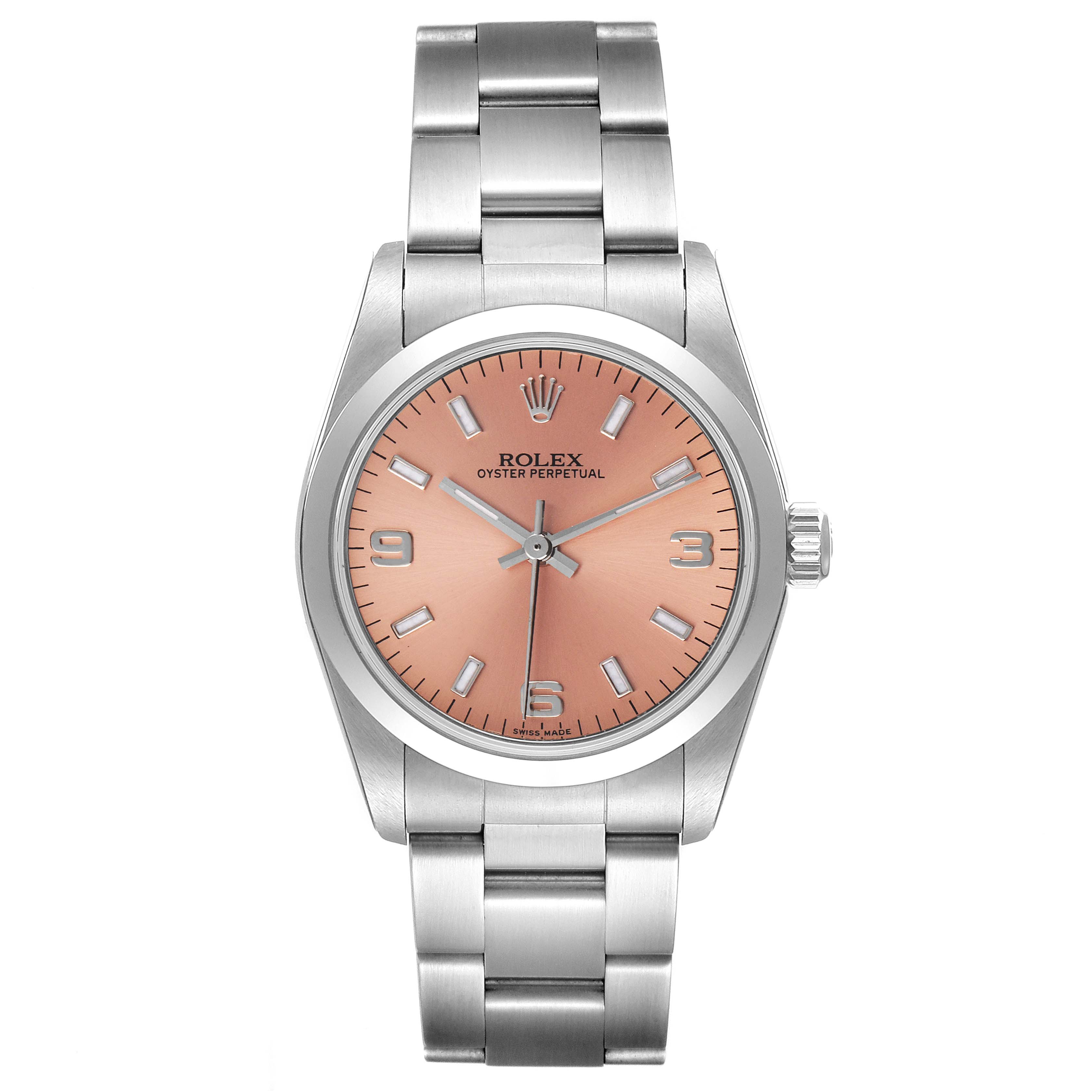 The Rolex Mid-Size 77080 Women's Stainless Steel Pink Dial 77080 Women's Stainless Steel Pink Dial Oyster Perpetual watch is shown from the front, highlighting its bracelet, case, crown, and pink dial.