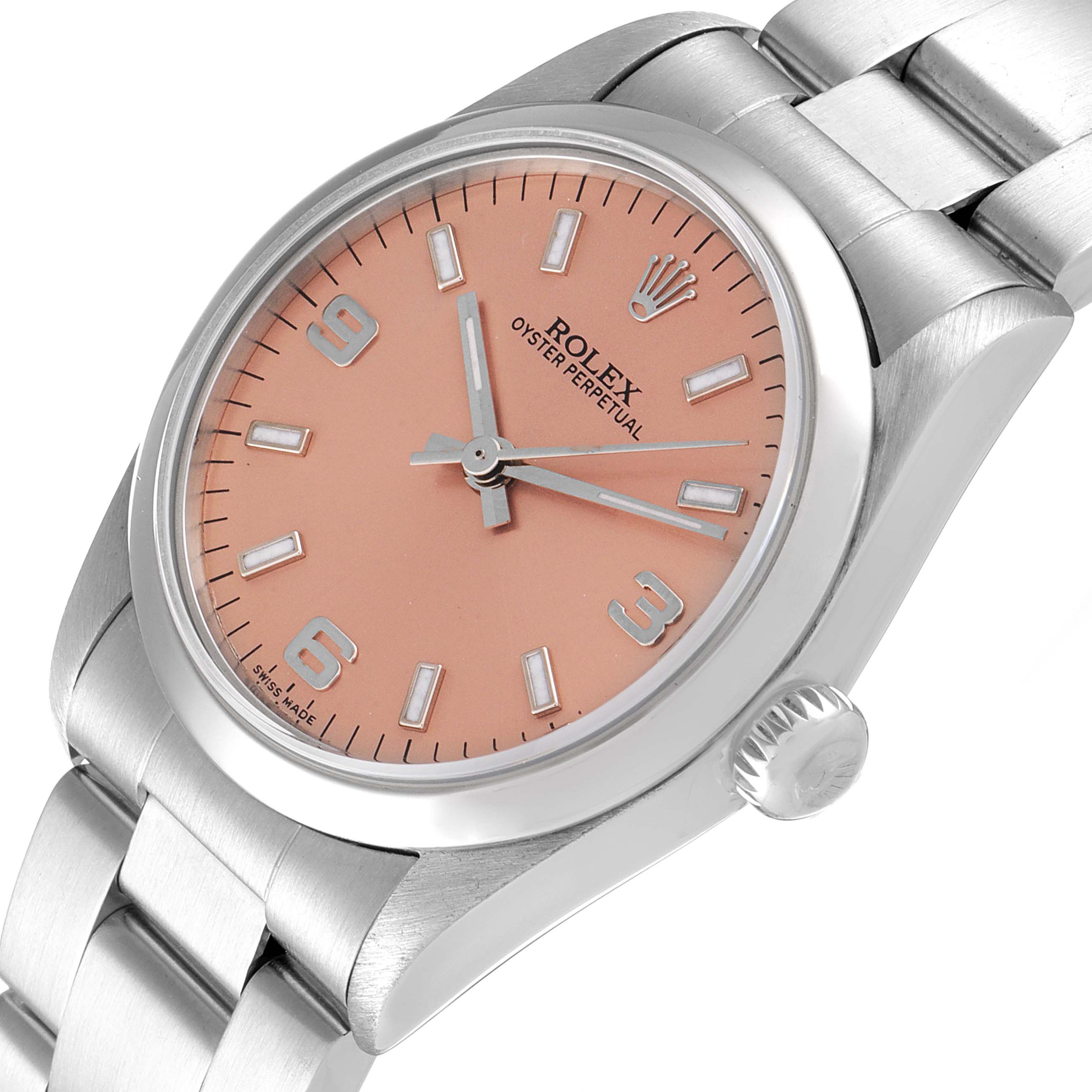 This image shows an angled view of the Rolex Mid-Size 77080 Women's Stainless Steel Pink Dial 77080 Women's Stainless Steel Pink Dial Oyster Perpetual watch, displaying the dial, case, crown, and bracelet.
