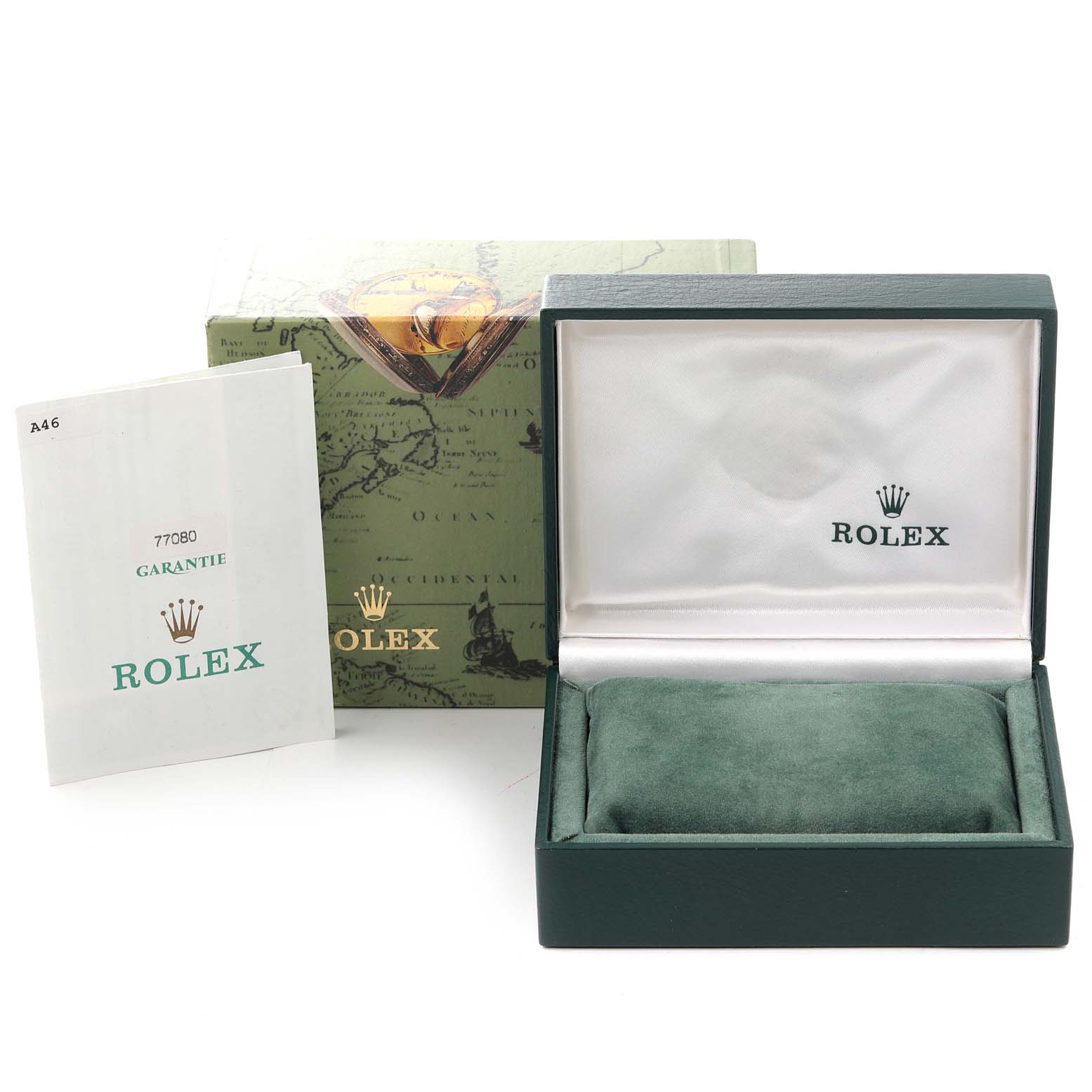 This image shows an empty Rolex Mid-Size 77080 Women's Stainless Steel Pink Dial 77080 Women's Stainless Steel Pink Dial watch box, an outer box, and the warranty card.
