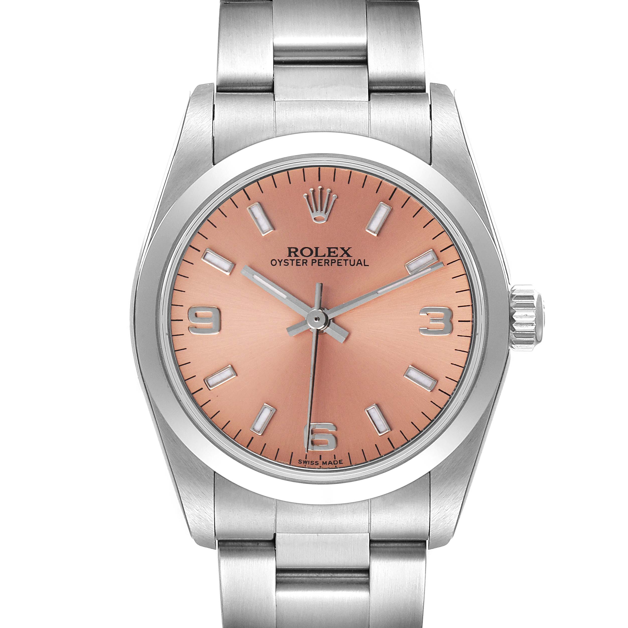 This image shows a front view of a Rolex Oyster Perpetual mid-size model, featuring a pink dial, stainless steel case, and bracelet.