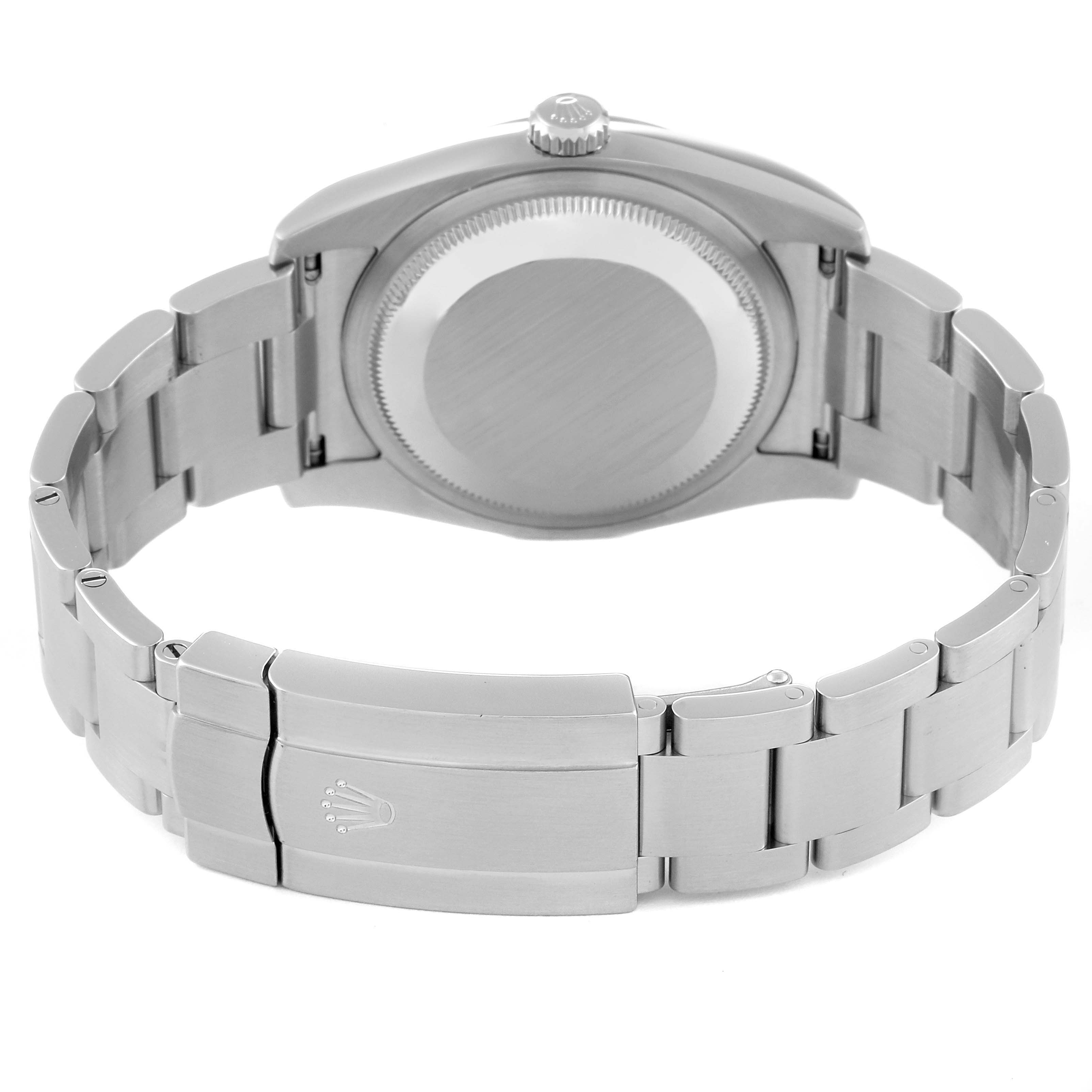 This rear angle shows the bracelet and clasp of the Rolex Oyster Perpetual 116000 Men
s Stainless Steel Silver Dial 116000 Men
s Stainless Steel Silver Dial watch, highlighting its stainless steel finish.