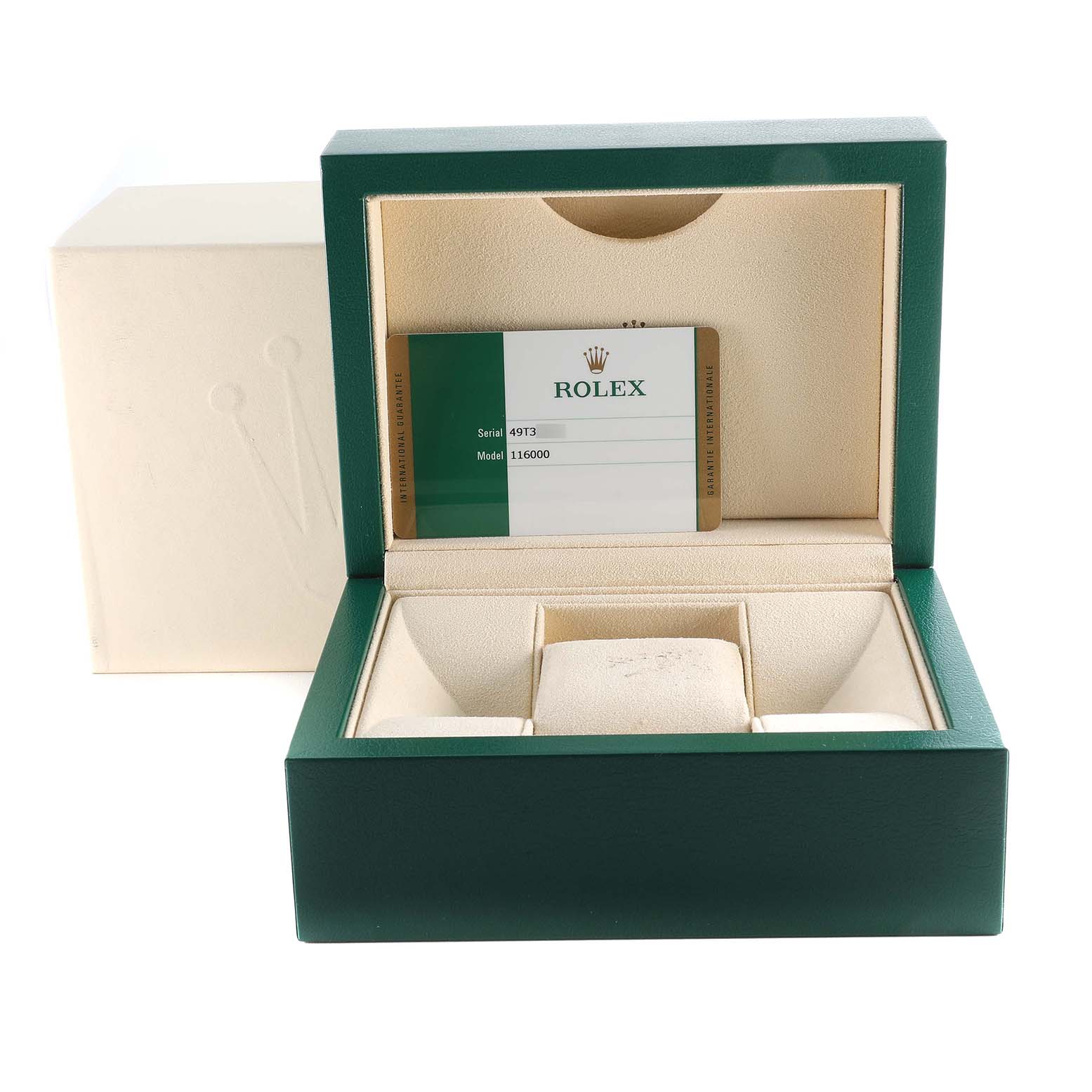 The image shows an opened green Rolex watch box with a Rolex Oyster Perpetual 116000 Men
s Stainless Steel Silver Dial 116000 Men
s Stainless Steel Silver Dial model card inside.