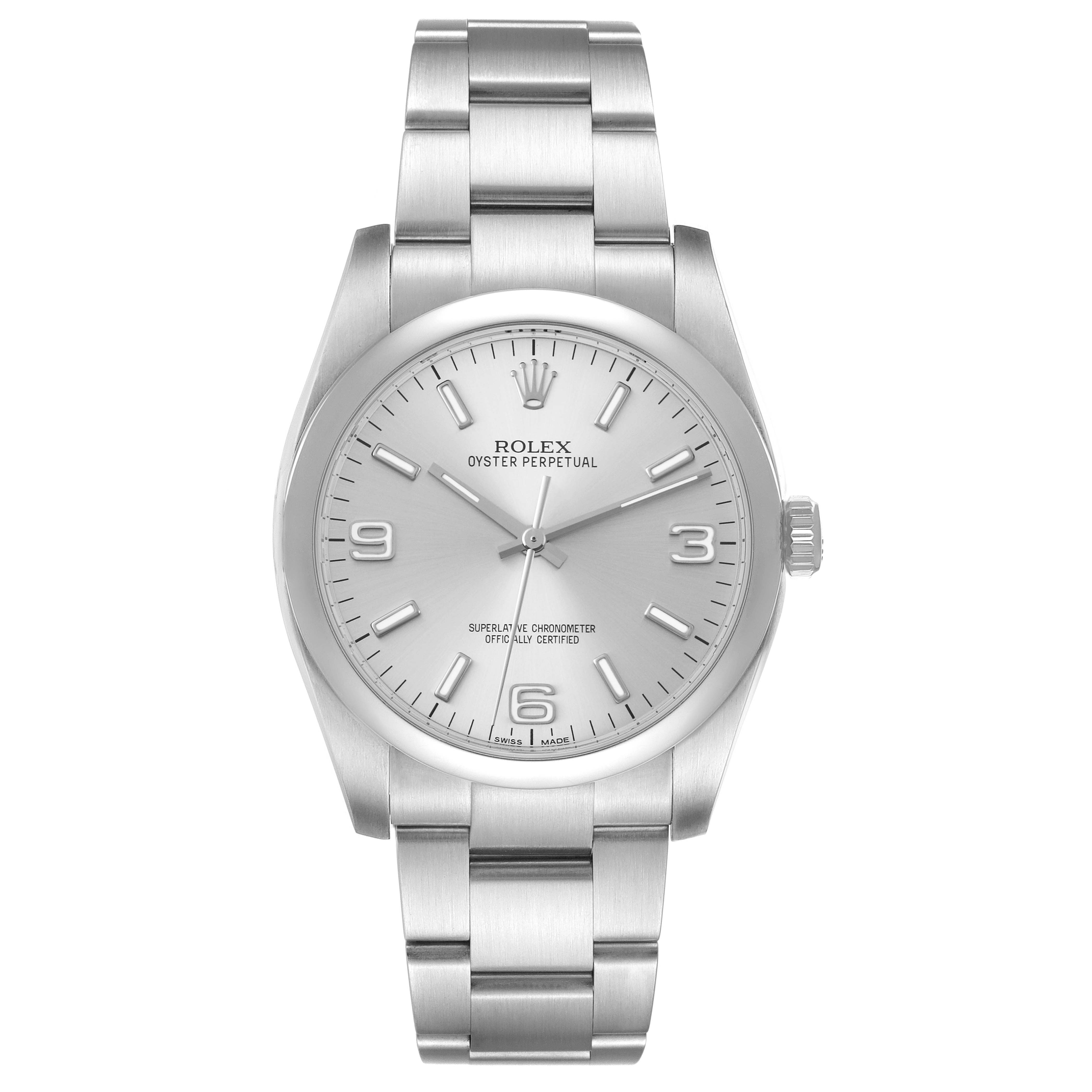 This Rolex Oyster Perpetual 116000 Men
s Stainless Steel Silver Dial 116000 Men
s Stainless Steel Silver Dial watch is shown from a front angle, displaying the dial, hands, bracelet, and bezel.