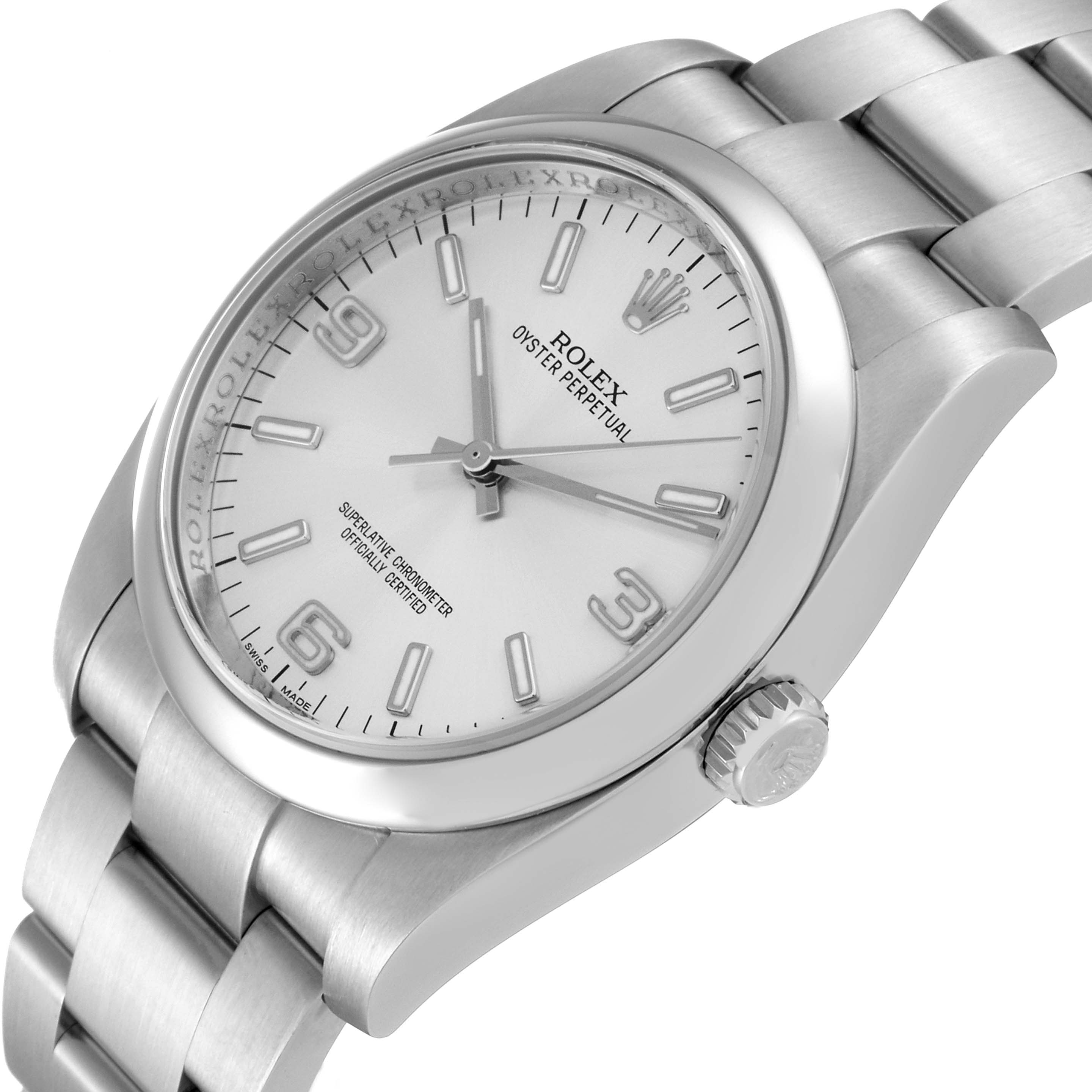 The Rolex Oyster Perpetual 116000 Men
s Stainless Steel Silver Dial 116000 Men
s Stainless Steel Silver Dial watch is shown from an angled top view, highlighting the face, case, crown, and bracelet.