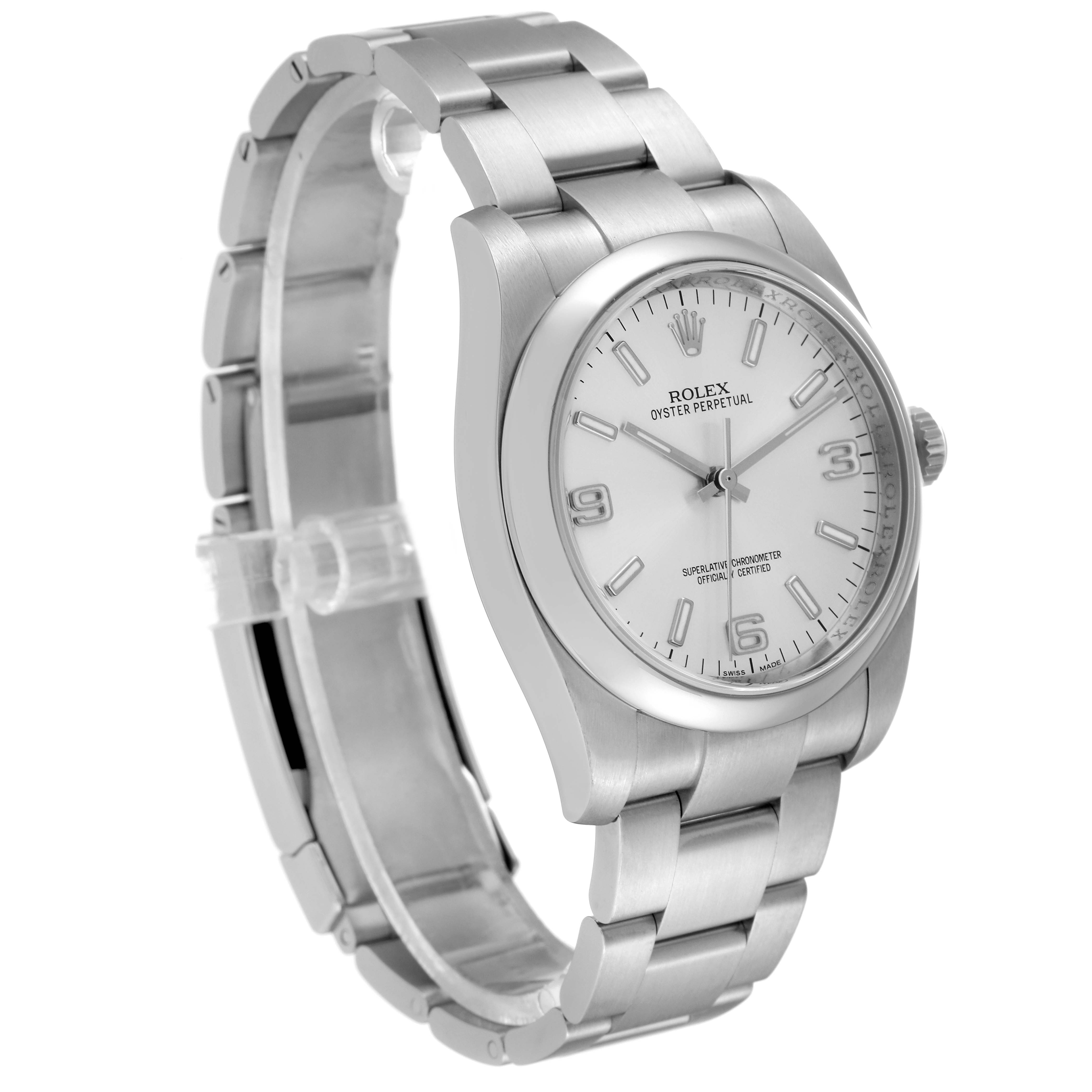 The Rolex Oyster Perpetual 116000 Men
s Stainless Steel Silver Dial 116000 Men
s Stainless Steel Silver Dial watch is shown at a slight angle, highlighting its face, bezel, and stainless steel bracelet.
