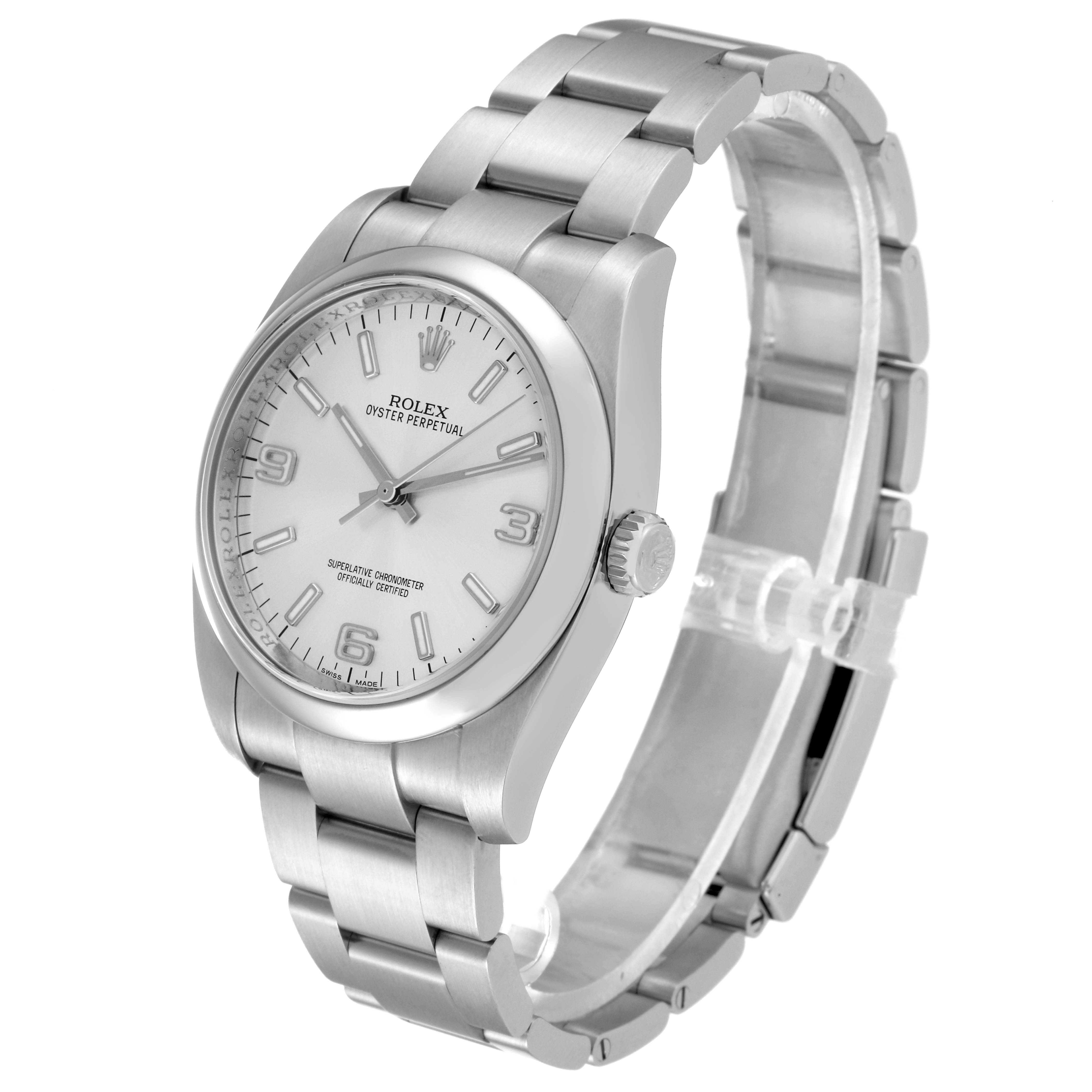 The image shows a Rolex Oyster Perpetual 116000 Men
s Stainless Steel Silver Dial 116000 Men
s Stainless Steel Silver Dial watch at a slight angle, highlighting the face, bezel, crown, and bracelet.