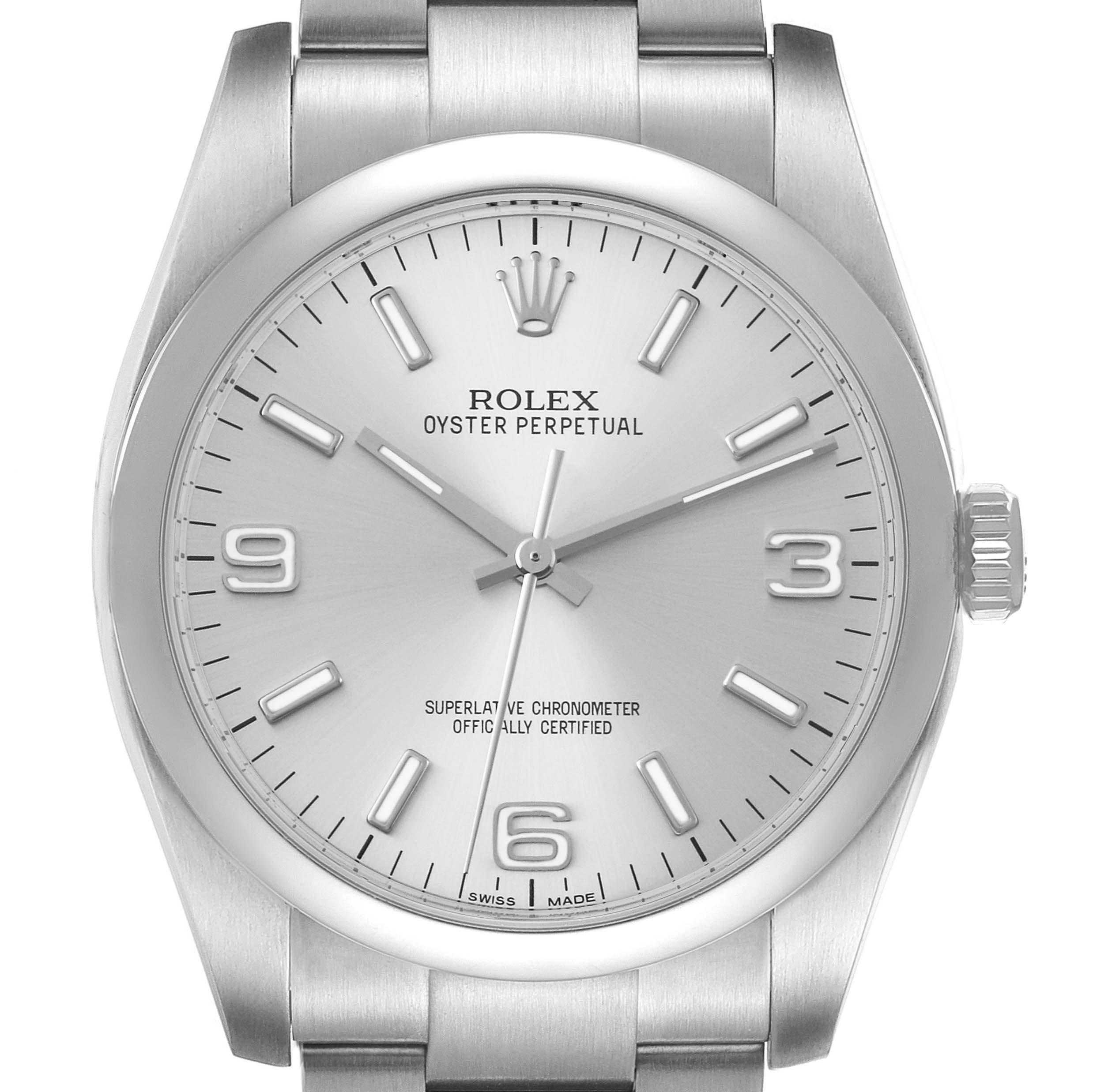 This image shows a front view of a Rolex Oyster Perpetual 116000 Men
s Stainless Steel Silver Dial 116000 Men
s Stainless Steel Silver Dial watch, highlighting its dial, hour markers, hands, crown, and bracelet.