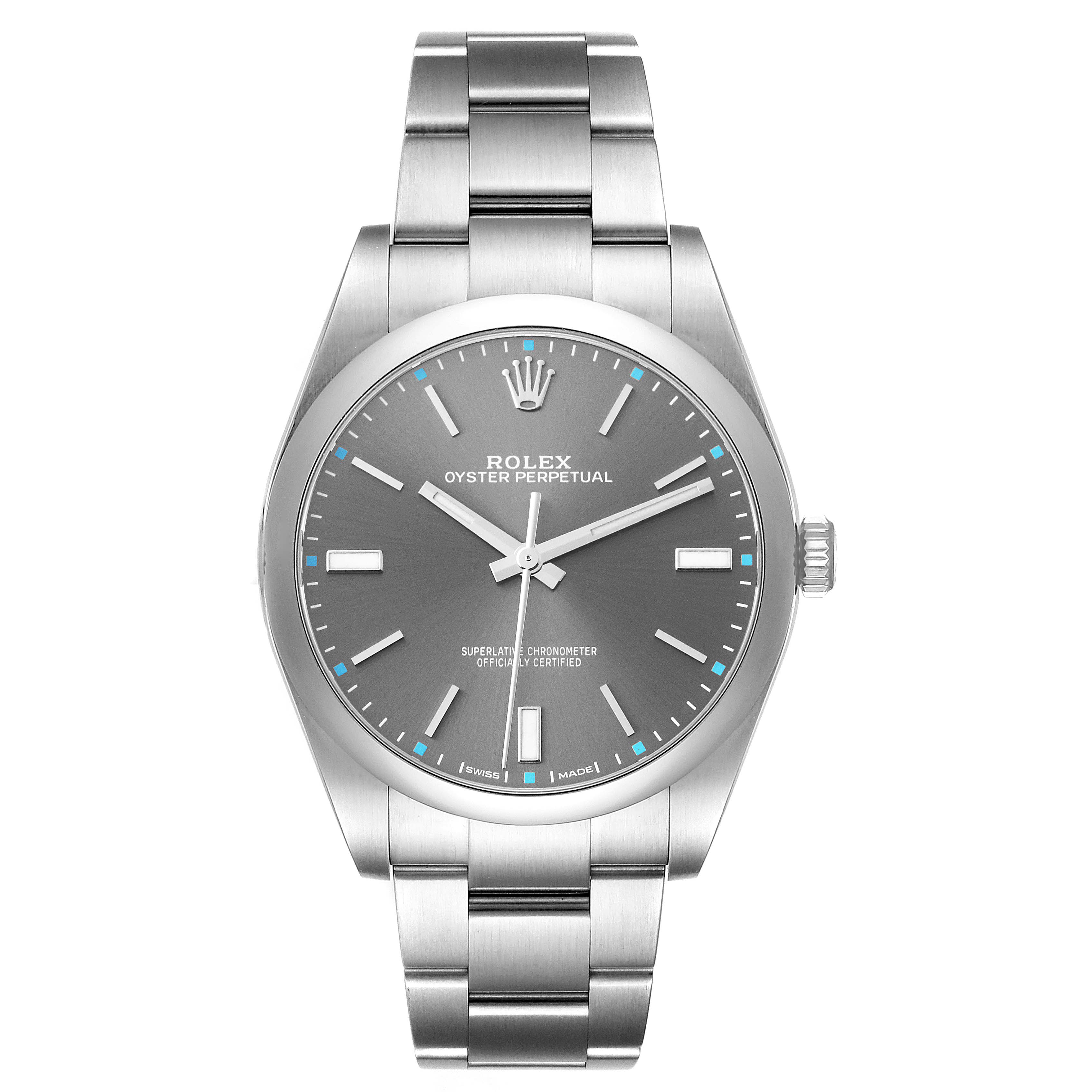 The image shows a front view of a Rolex Oyster Perpetual 114300 Men
s Stainless Steel Grey Dial 114300 Men
s Stainless Steel Grey Dial watch, displaying its dial, bezel, crown, and bracelet.
