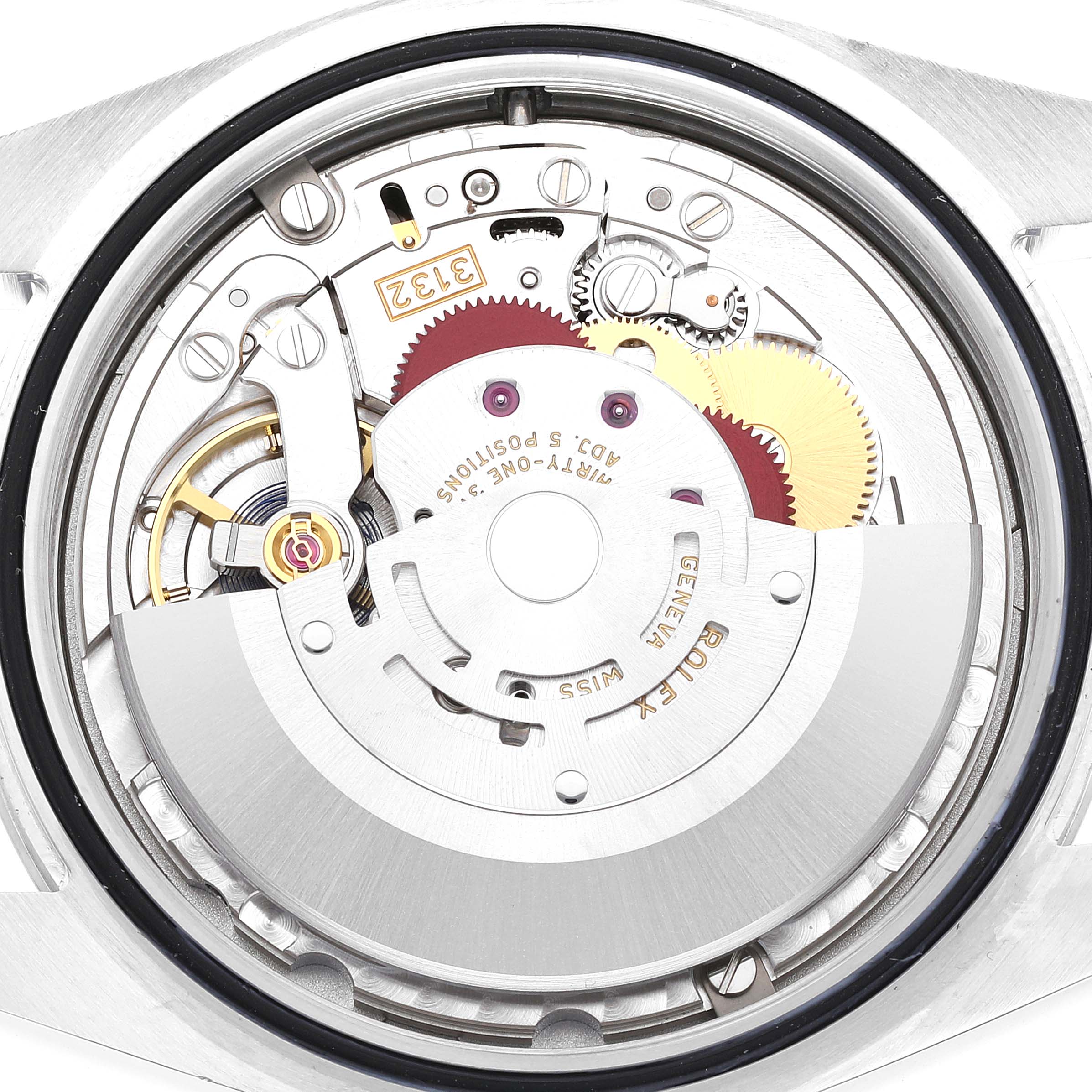 This image shows the internal movement of a Rolex Oyster Perpetual 114300 Men
s Stainless Steel Grey Dial 114300 Men
s Stainless Steel Grey Dial watch from a back angle.