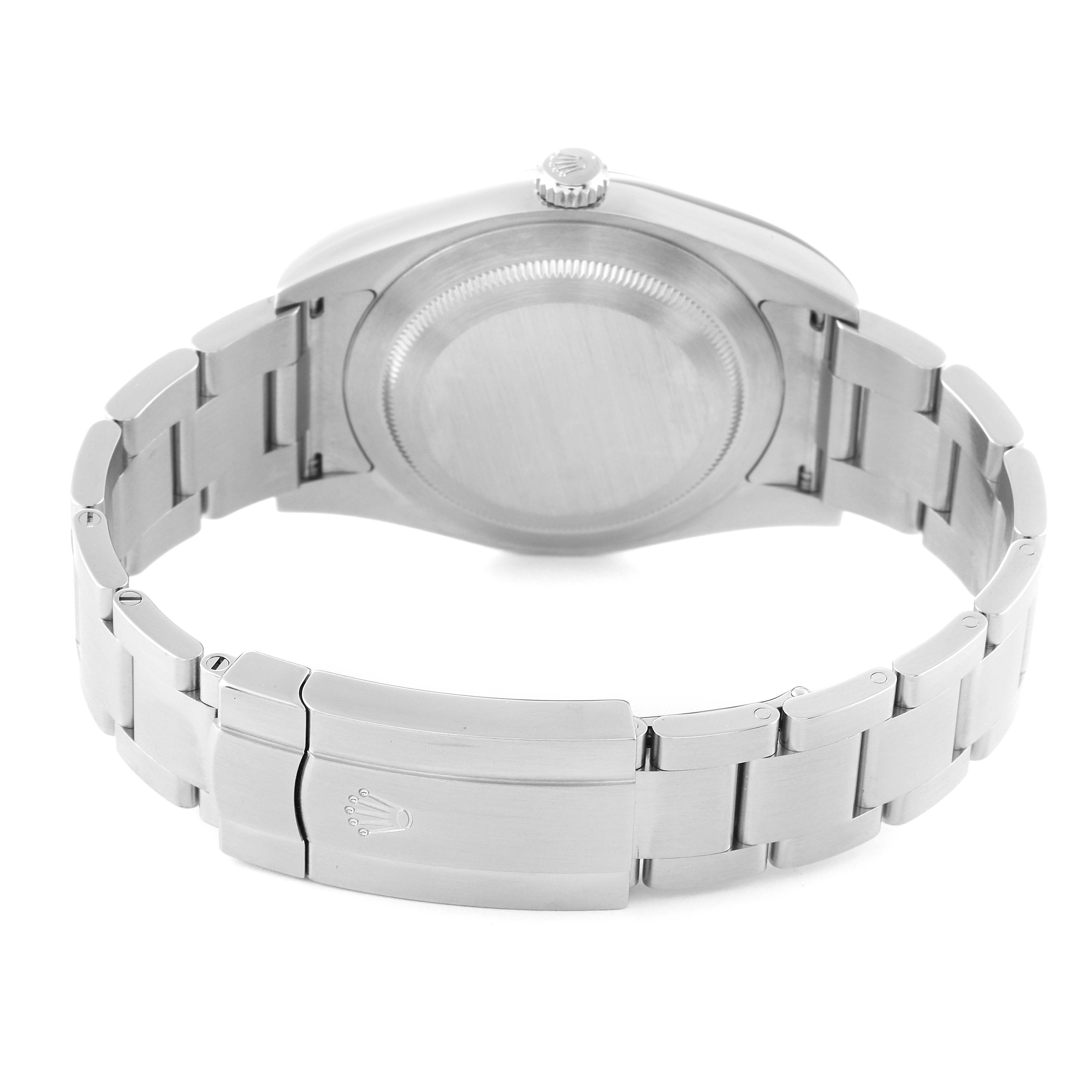 This image shows the back case and closed bracelet of a Rolex Oyster Perpetual 114300 Men
s Stainless Steel Grey Dial 114300 Men
s Stainless Steel Grey Dial watch in a rear view.