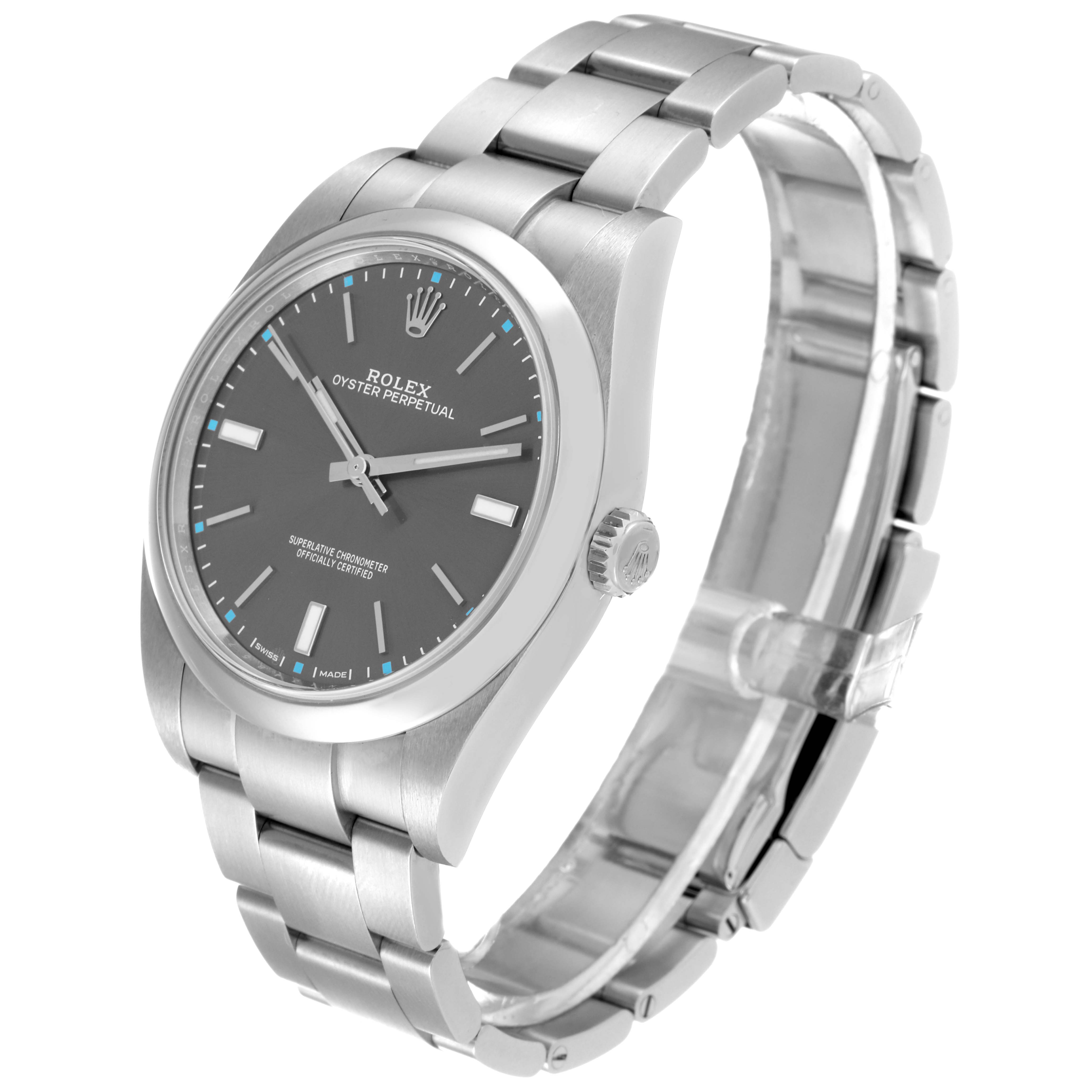 The Rolex Oyster Perpetual 114300 Men
s Stainless Steel Grey Dial 114300 Men
s Stainless Steel Grey Dial watch is shown at a three-quarter angle, displaying the face, bezel, crown, and bracelet.