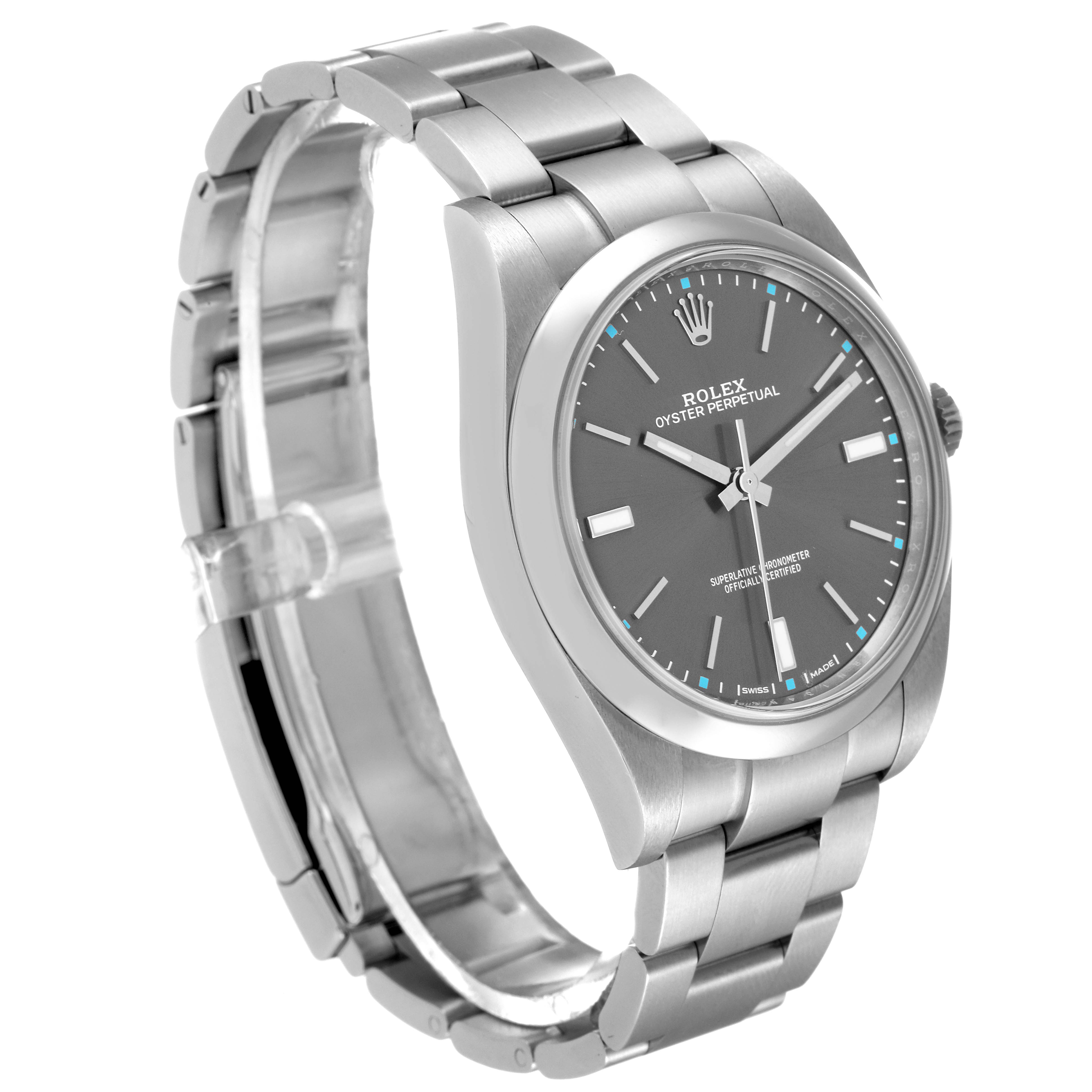 The image shows a side angle view of the Rolex Oyster Perpetual 114300 Men
s Stainless Steel Grey Dial 114300 Men
s Stainless Steel Grey Dial watch, highlighting its face and bracelet.