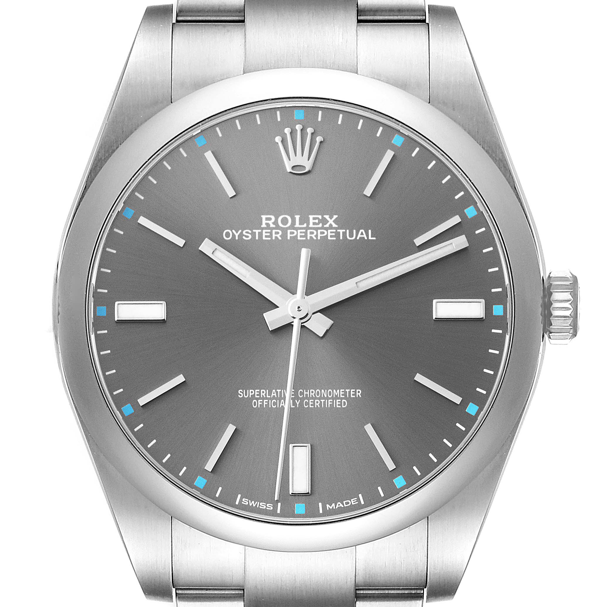 The image shows a front view of a Rolex Oyster Perpetual 114300 Men
s Stainless Steel Grey Dial 114300 Men
s Stainless Steel Grey Dial watch, highlighting the dial, hands, indices, and part of the bracelet.