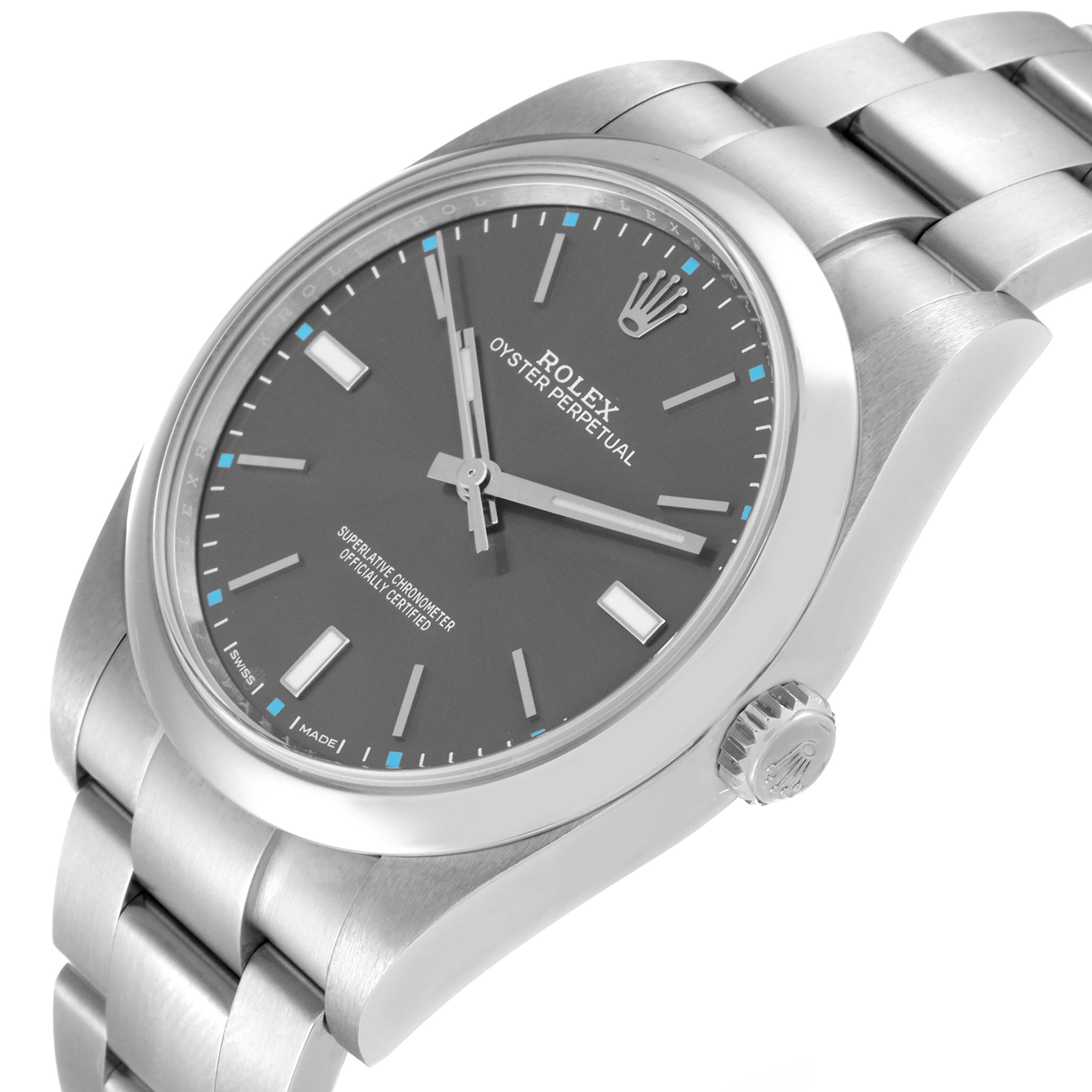 The Rolex Oyster Perpetual 114300 Men
s Stainless Steel Grey Dial 114300 Men
s Stainless Steel Grey Dial watch is shown at an angled view, highlighting the face, bezel, crown, and part of the bracelet.