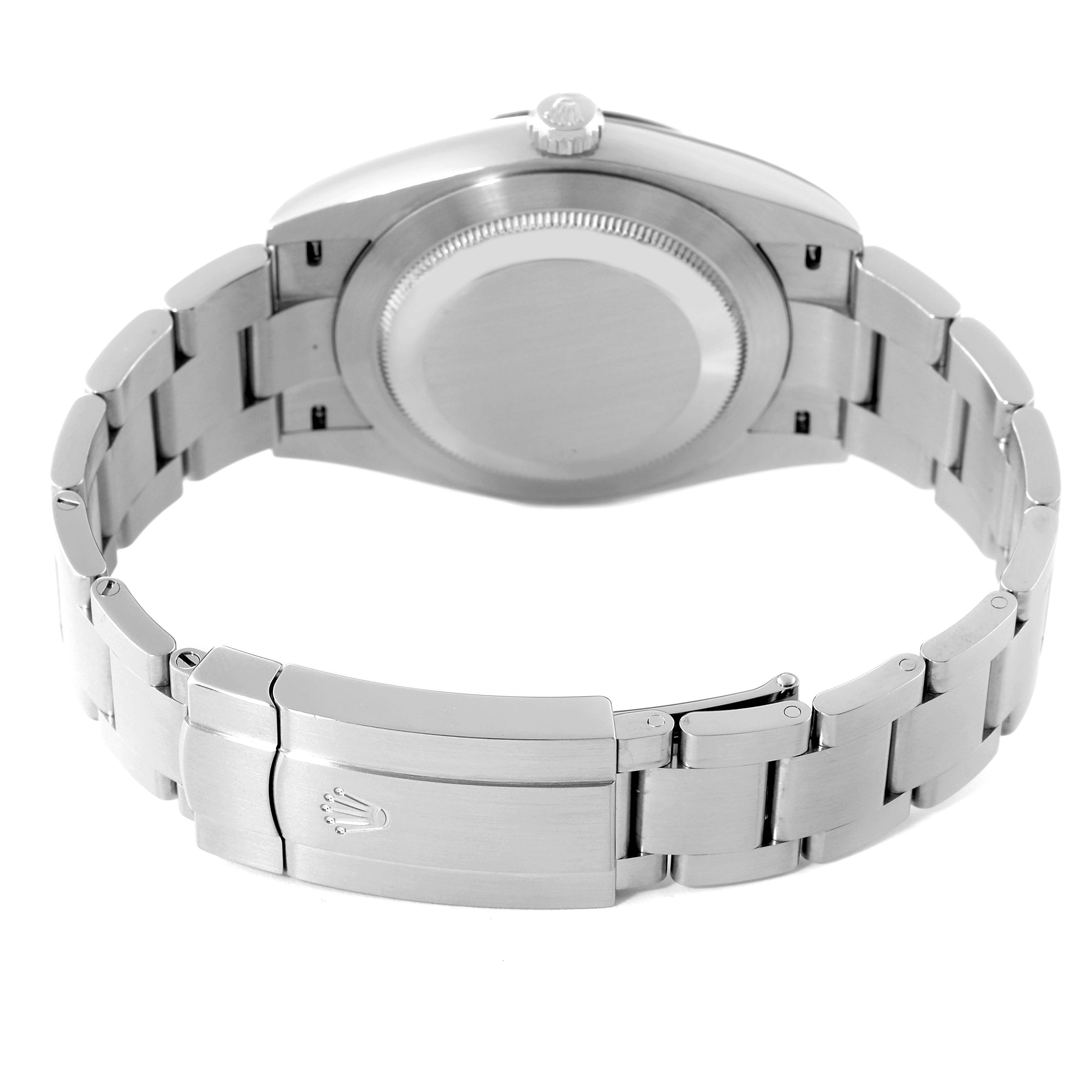 This image shows the back and bracelet clasp of a Rolex Oyster Perpetual 124300 Men
s Stainless Steel Silver Dial 124300 Men
s Stainless Steel Silver Dial watch in a partially closed position.