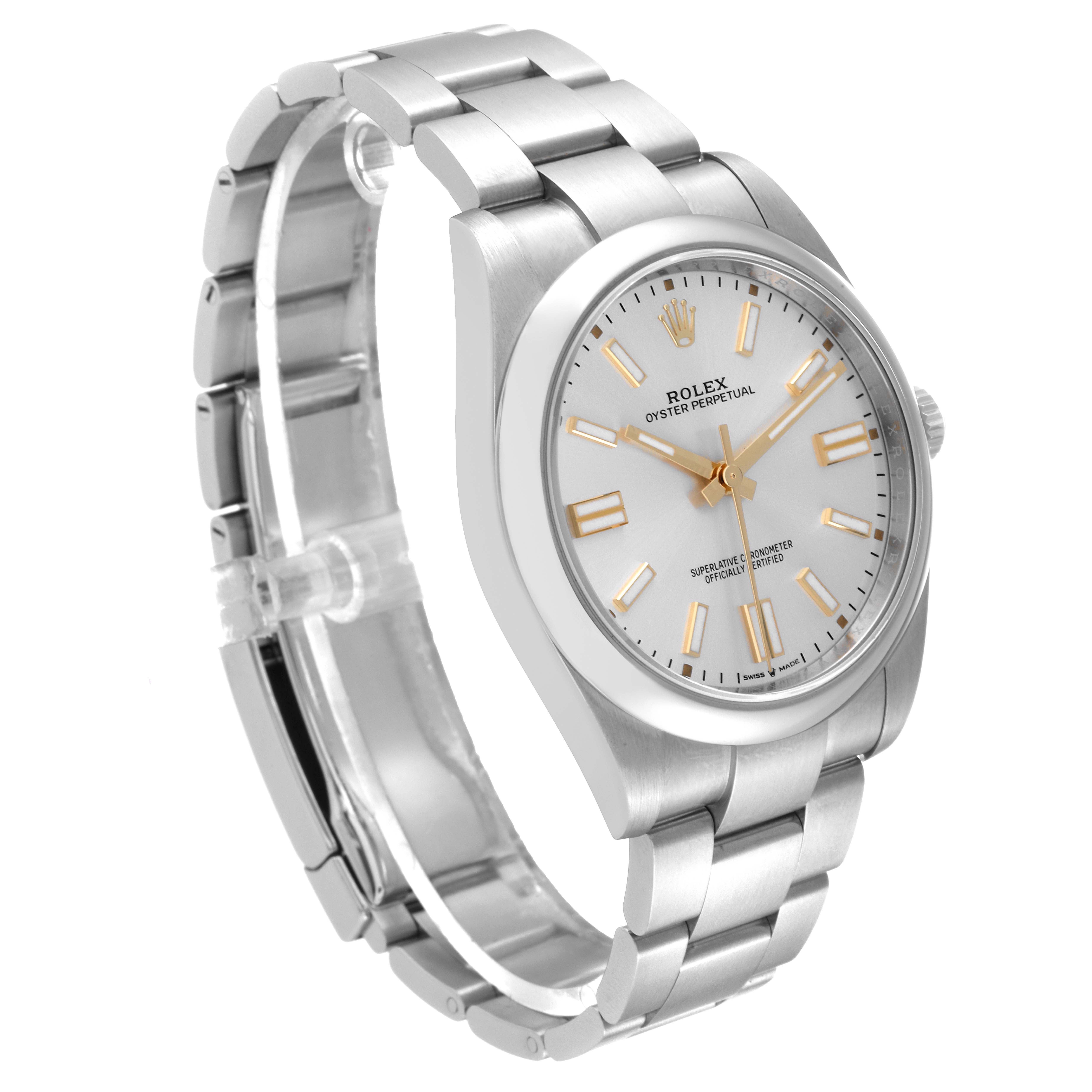 The image shows a side-angle view of a Rolex Oyster Perpetual 124300 Men
s Stainless Steel Silver Dial 124300 Men
s Stainless Steel Silver Dial watch, highlighting the dial, bezel, case, and bracelet.
