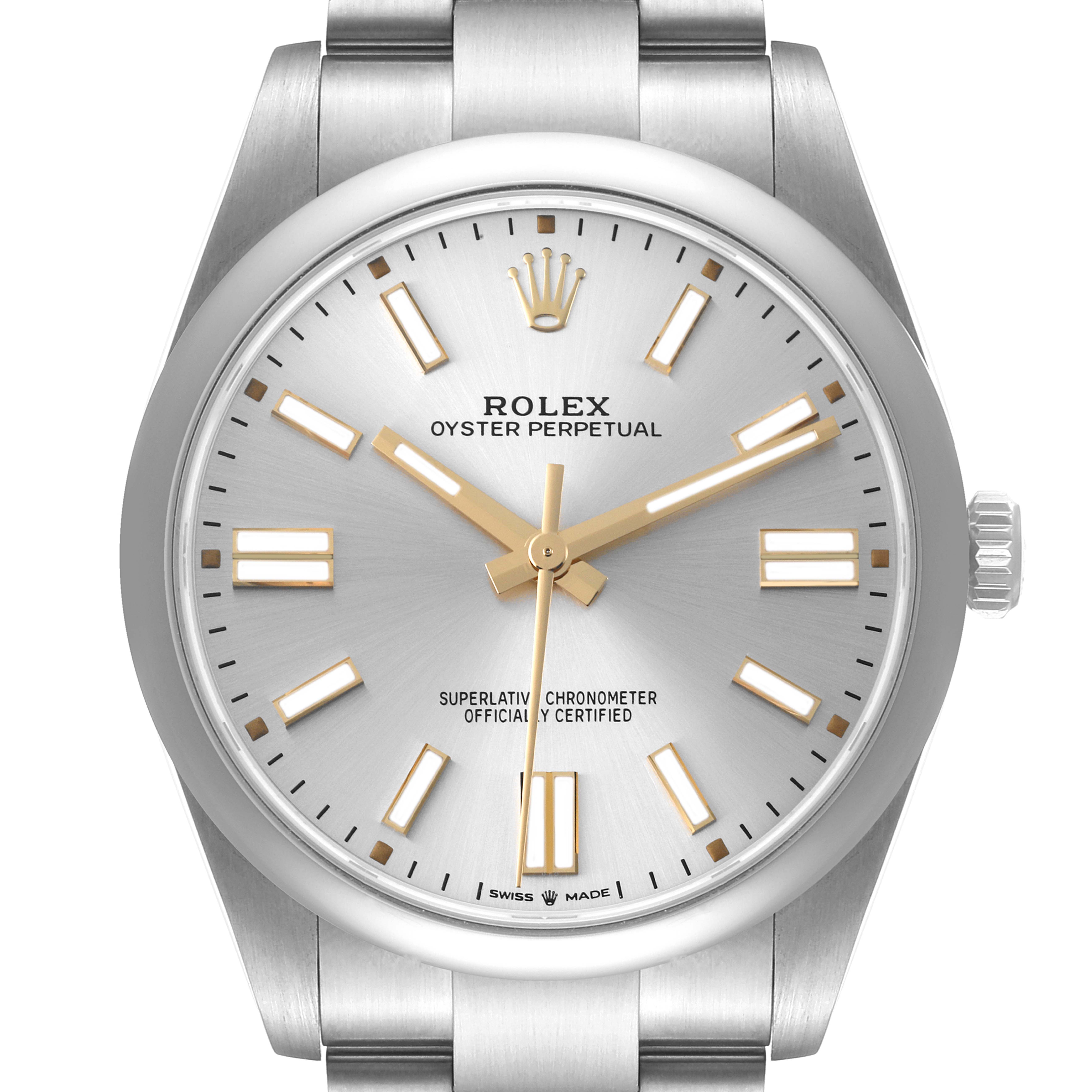 This image shows the front dial and a portion of the bracelet and crown of a Rolex Oyster Perpetual 124300 Men
s Stainless Steel Silver Dial 124300 Men
s Stainless Steel Silver Dial watch.