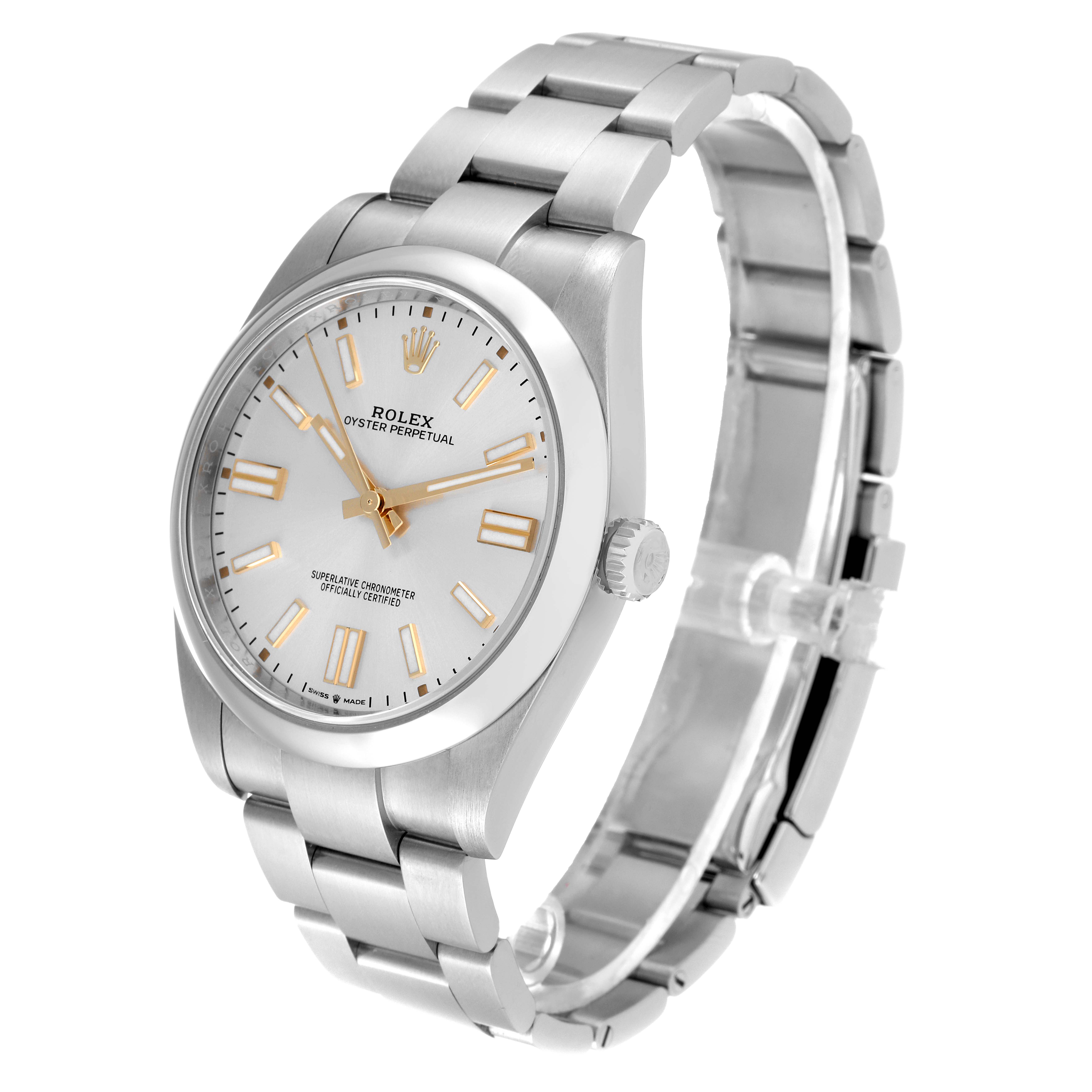 This image shows a side angle of the Rolex Oyster Perpetual 124300 Men
s Stainless Steel Silver Dial 124300 Men
s Stainless Steel Silver Dial watch, highlighting its silver case, dial, and linked bracelet.