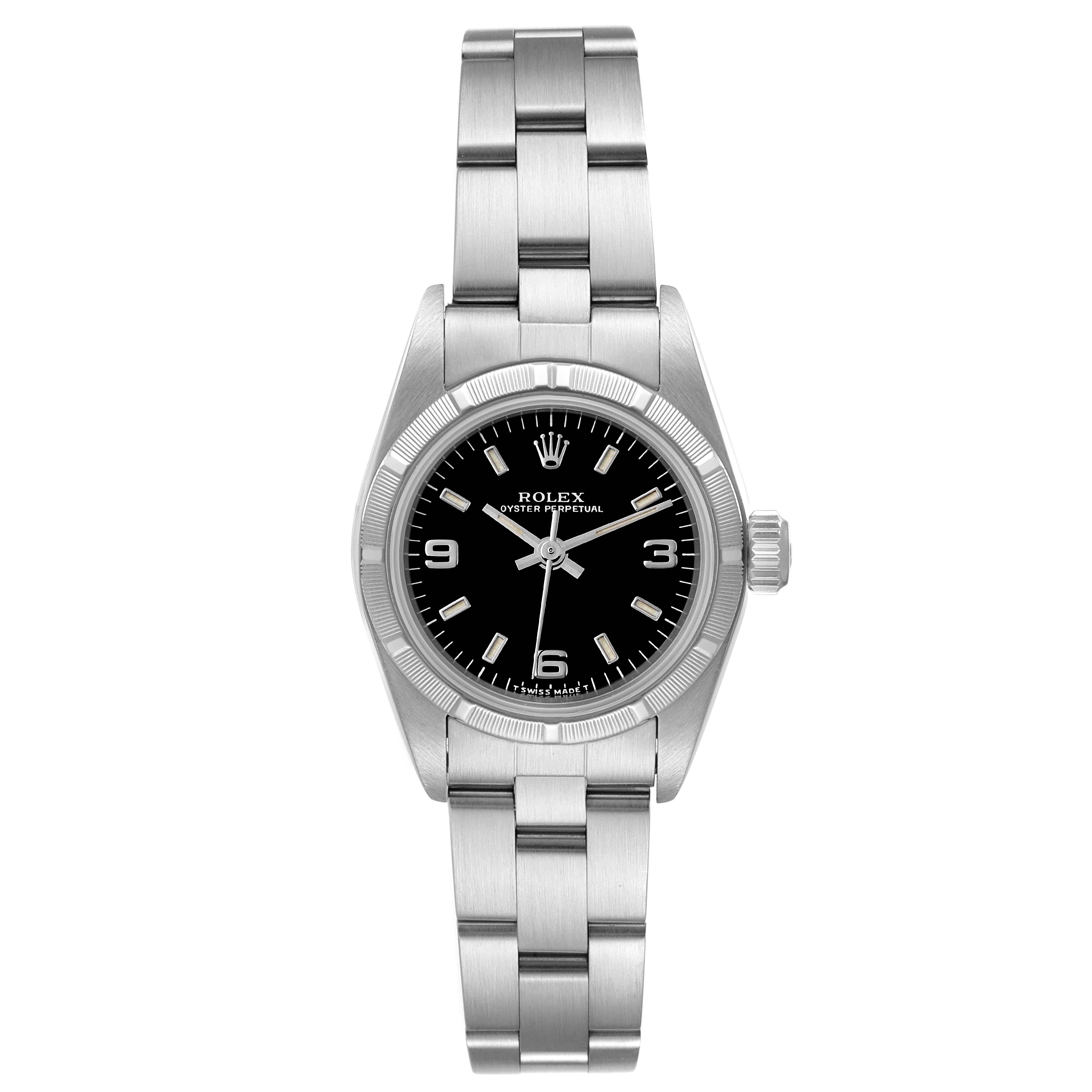 This image shows a front view of the Rolex Oyster Perpetual 67230 Women's Stainless Steel Black Dial 67230 Women's Stainless Steel Black Dial watch, highlighting its black dial and stainless steel bracelet.