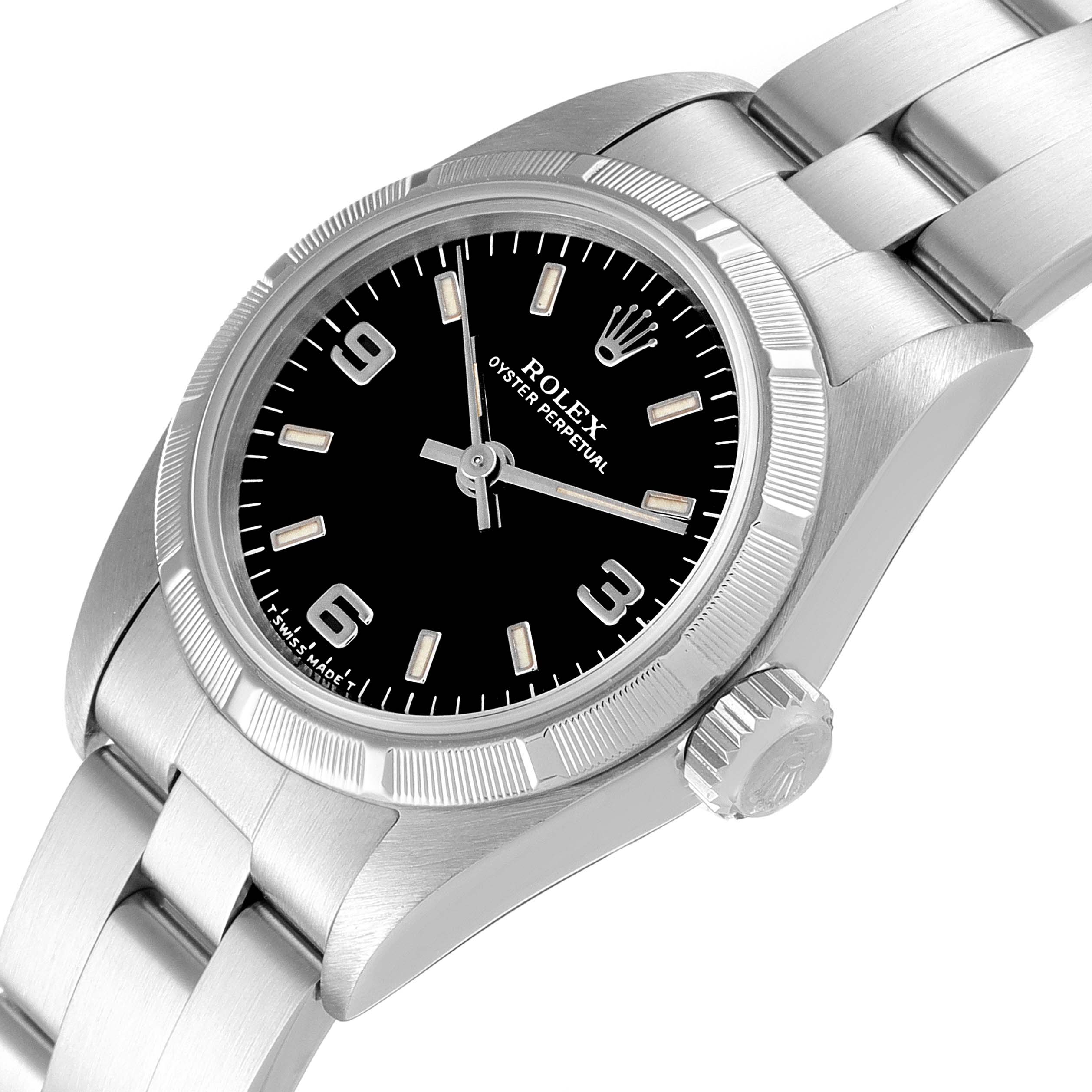 This image shows a close-up angled view of the Rolex Oyster Perpetual 67230 Women's Stainless Steel Black Dial 67230 Women's Stainless Steel Black Dial watch highlighting its bezel, dial, bracelet, and crown.