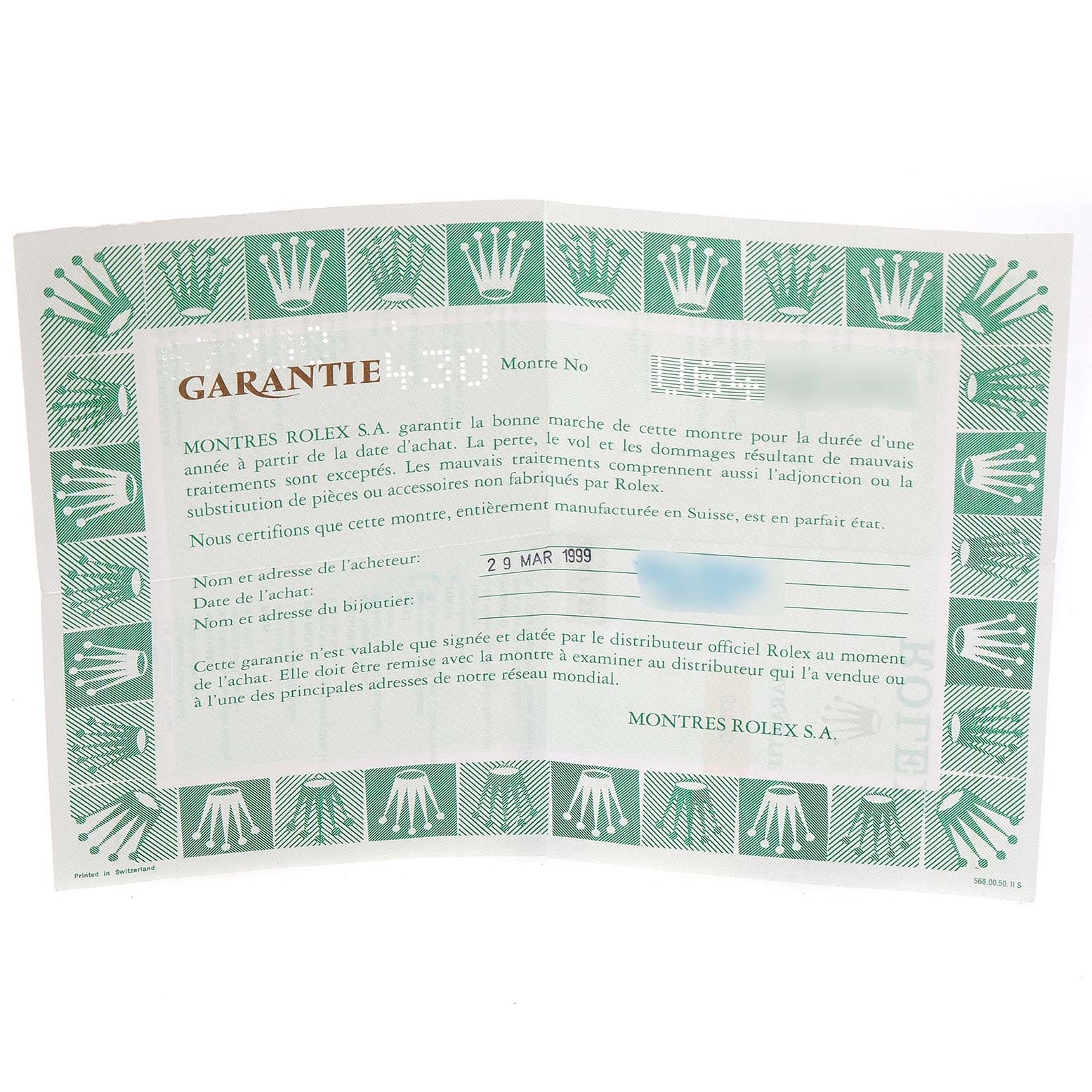 The image shows a guarantee or warranty document for the Rolex Oyster Perpetual 67230 Women's Stainless Steel Black Dial 67230 Women's Stainless Steel Black Dial model.