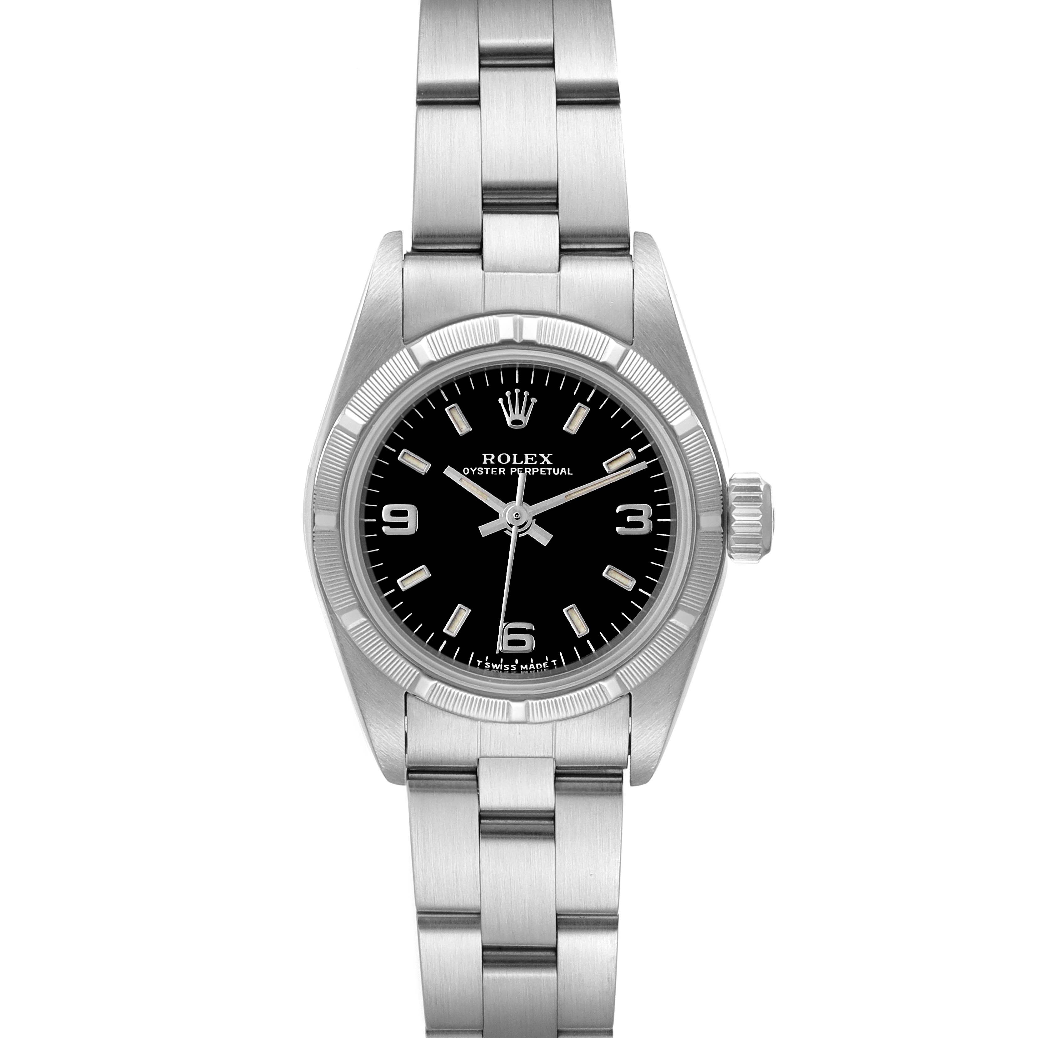 This image shows a front view of a Rolex Oyster Perpetual 67230 Women's Stainless Steel Black Dial 67230 Women's Stainless Steel Black Dial watch, displaying its black dial and stainless steel bracelet.